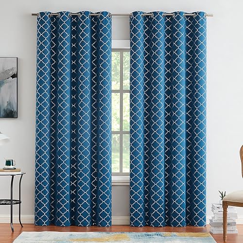 Miniatura 2 de Enactex Cortinas 100% opacas con aislamiento térmico de 84 pulgadas de largo para dormitorio, cortinas azules con patrón geométrico plateado,