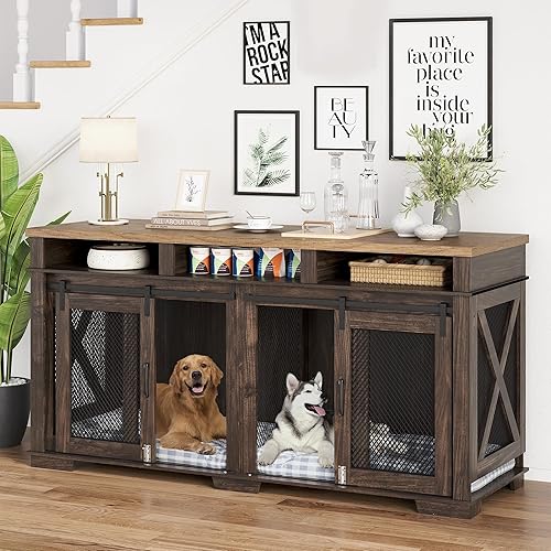 Mueble de jaula para perros de 71 pulgadas para 2 perros, perrera con 3 cajones de almacenamiento y divisor extraíble, jaula doble extragrande para