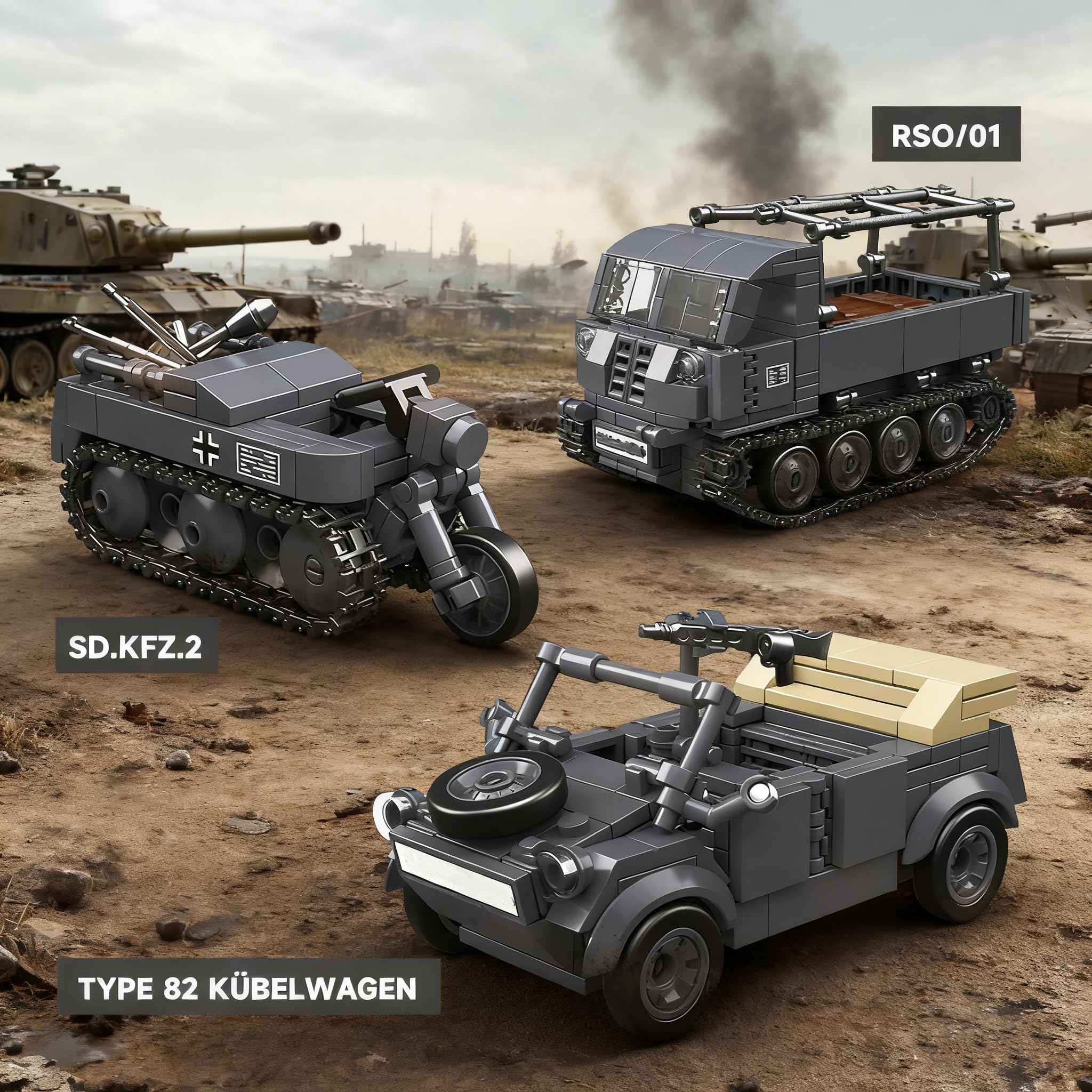 Technik Panzer Bausteine Bausatz, 4 in 1 Panzer Klemmbausteine, WW2 Militär Fahrzeug Bausteine Modell Spielzeug, Geschenke für Erwachsene und Militärfans, 1089 Teile