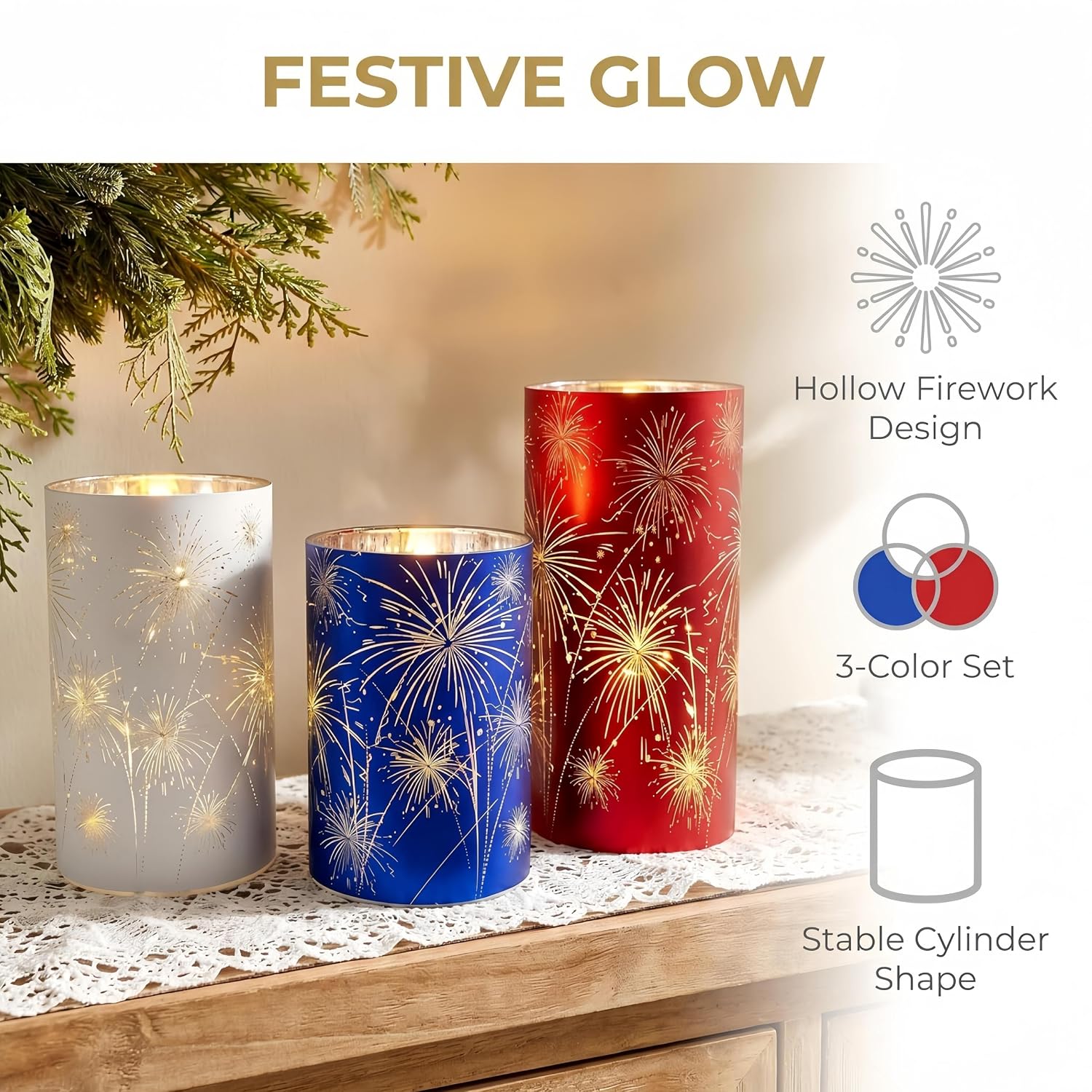 Set of 3 Red White and Blue Celebration Hurricane Firework Candles | 3D Etched Starburst Patriotic Led Lantern Lights Hurricanes for Birthday Wedding Christmas Parties Chic Modern Home Decor