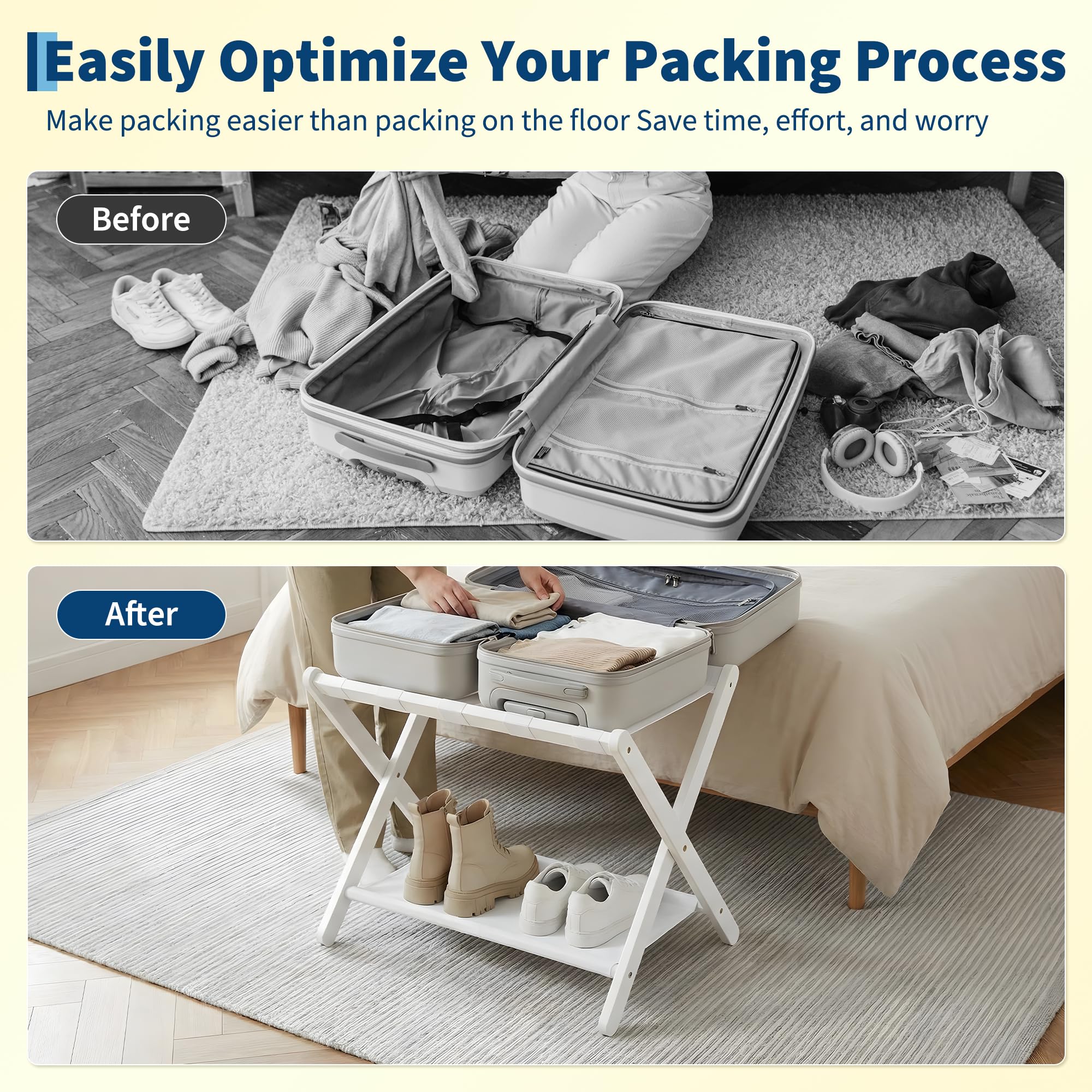 Bambus Gepäckablage Weiß 2er Set, Faltbarer Kofferständer mit Stoffablage für Gästezimmer, Klappbarer Gepäckträger mit Ablagefach, Gepäckständer 67x47x51cm 5,6kg