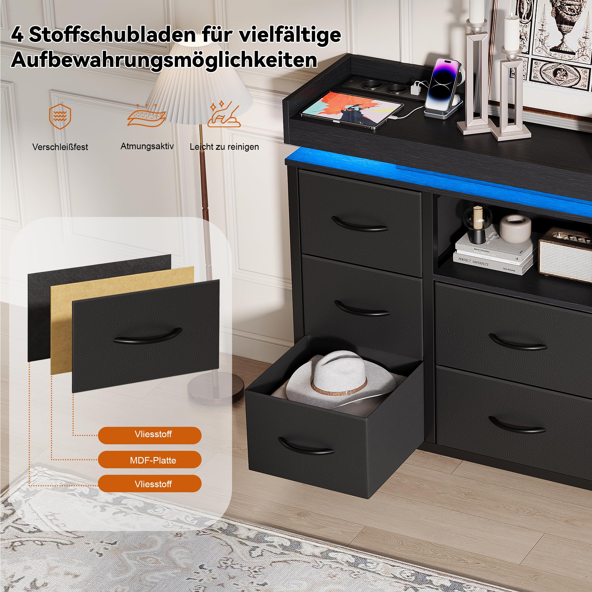 Cassettiera con 8 cassetti, in tessuto con illuminazione a LED, credenza con porte di ricarica USB, armadietto portaoggetti per camera da letto, soggiorno e corridoio (nero, 8 cassetti)