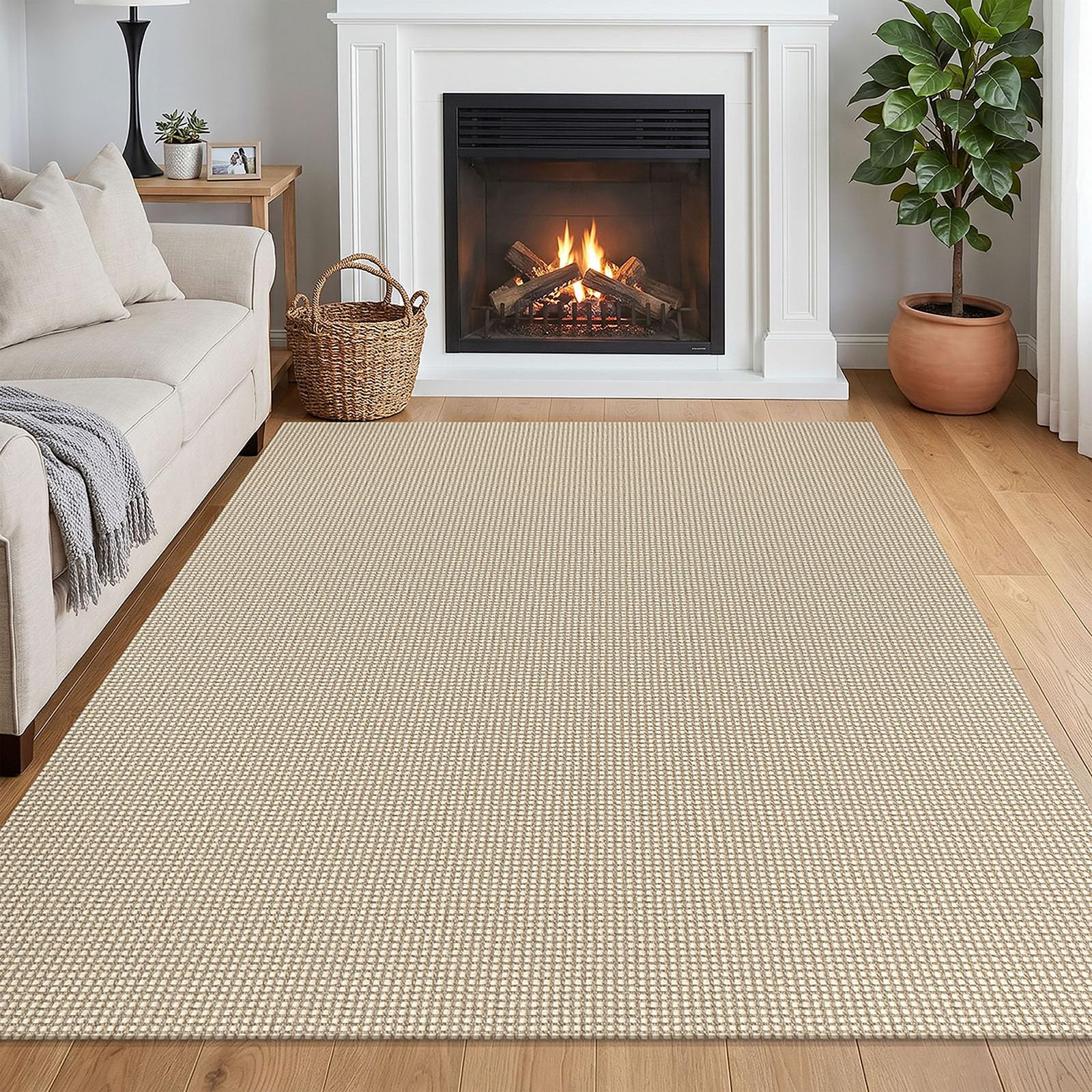 IOHOUZE Washable Area Rug 5x7 Non Slip Rubber Backed Rugs for Living Room, Dining Room Rugs Bedroom Rug, Woven Indoor Floor Carpet for Living Room Nursery Office, Cream/Beige