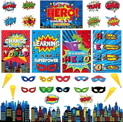 Outus Juego de 33 piezas con temática de héroe, decoración de tablón de anuncios, carteles y pancartas de héroe, refranes de héroes, recortes