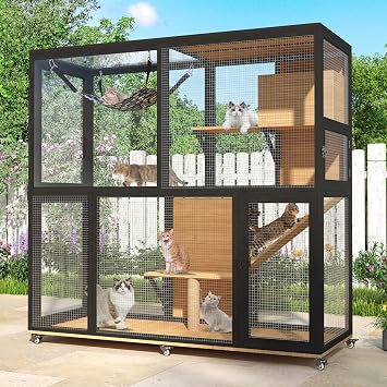 Catio Outdoor Cat Enclosures, 4-Tier Cat House with Wheels, Black | Large Wooden Window Catio Cats Cage with Weatherproof Roof, Hammock, Platforms, Scratching Post for Multiple Kitty Indoor
