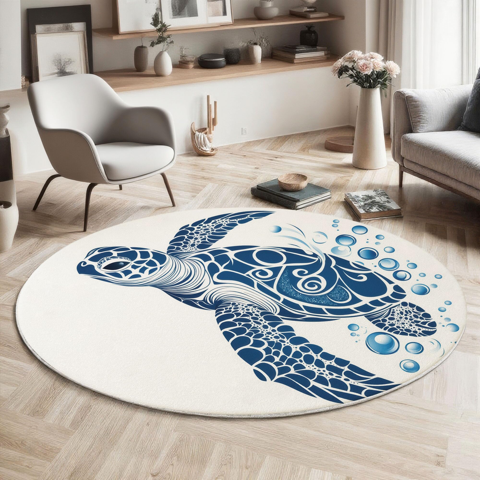 Tapis de salon rond estampe tortue marine : douceur et finitions premium