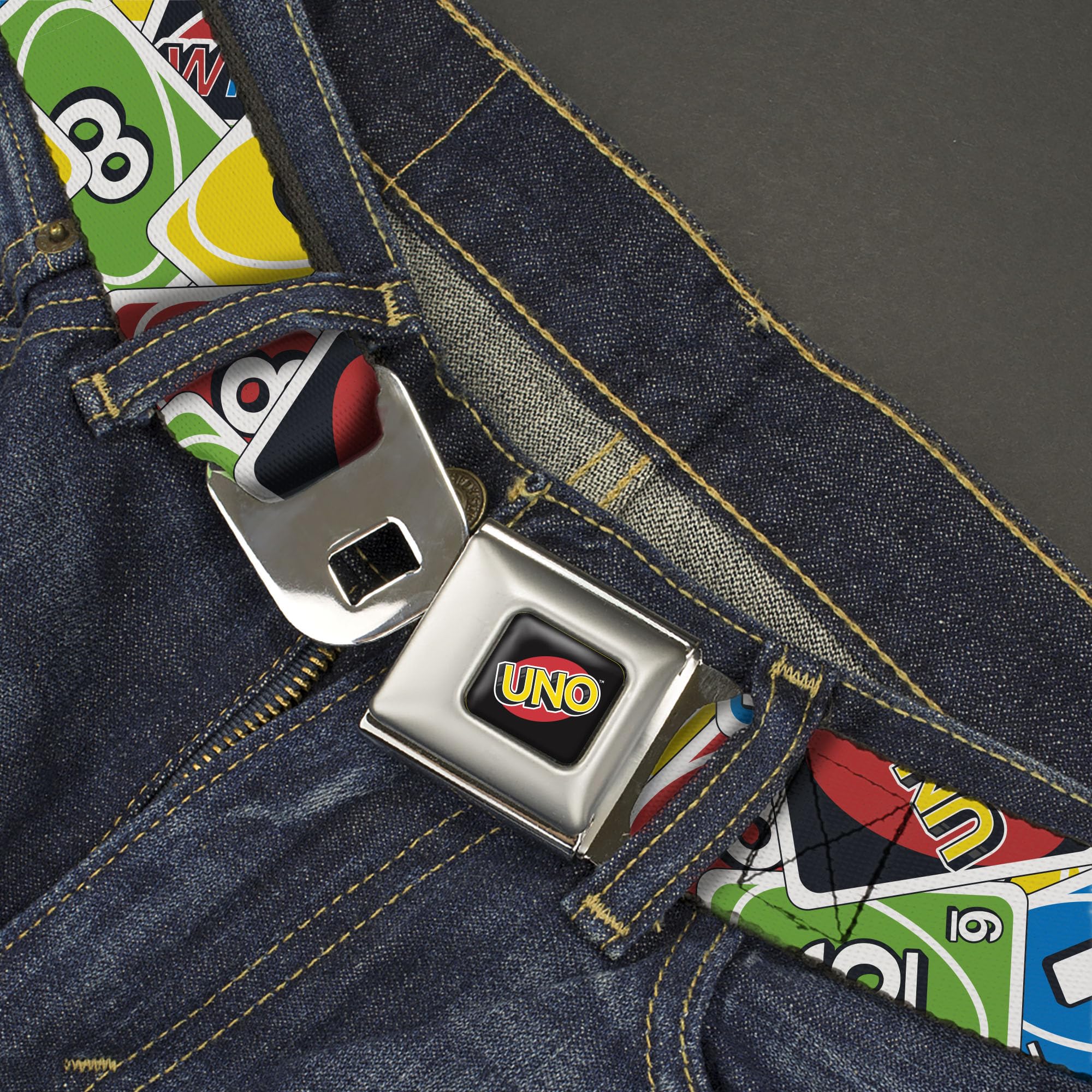 Mattel Belt, Seatbelt Buckle Belt, UNO Cards Stacked Collage Multi Color, Youth 20 to 36 Inches