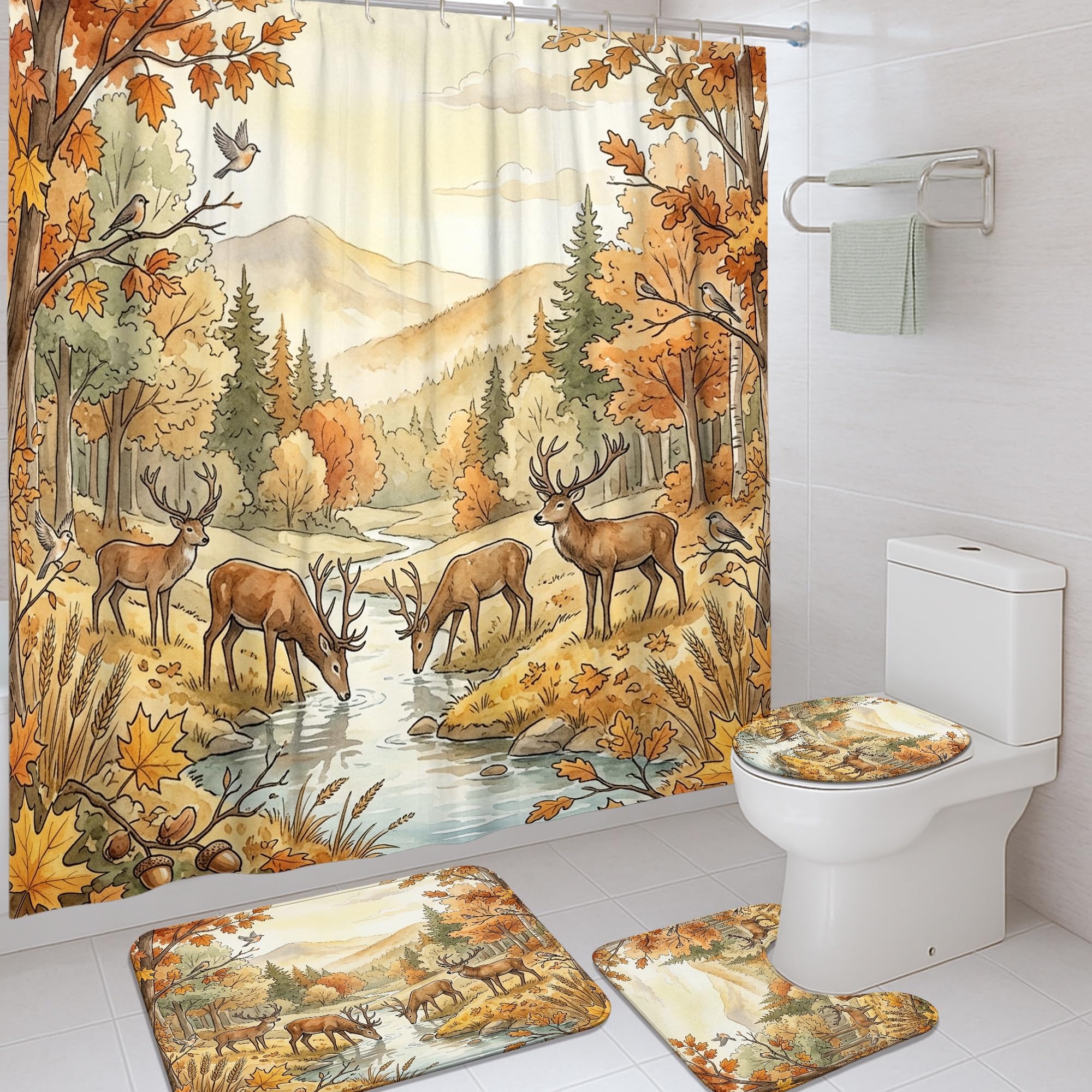 Ensemble rideau de douche et tapis motif cerf ruisseau de montagne