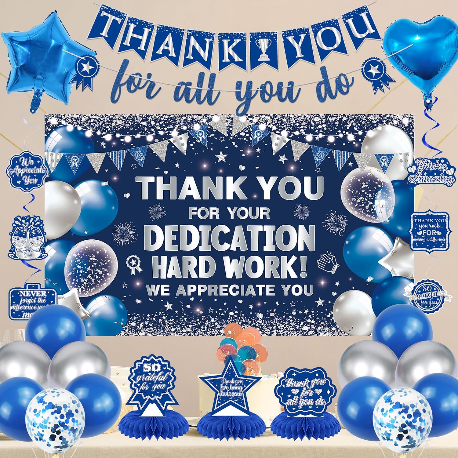 Vlipoeasn We Appreciate You Banner Decorations, Blue Silver Thank You for All You Do Backdrop Banner Honeycomb Centerpieces, Retirement Office Decor Staff Teachers Professors Doctor Nurses