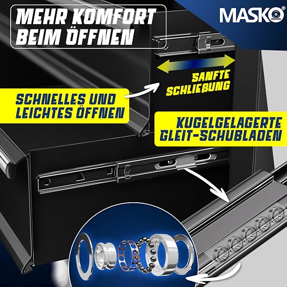 MASKO Workshop Trolley with Case - 9 Compartments Lockable Solid Metal Mobile Tool Trolley without Tools Professional Trolley for Tool Storage with Lock Black