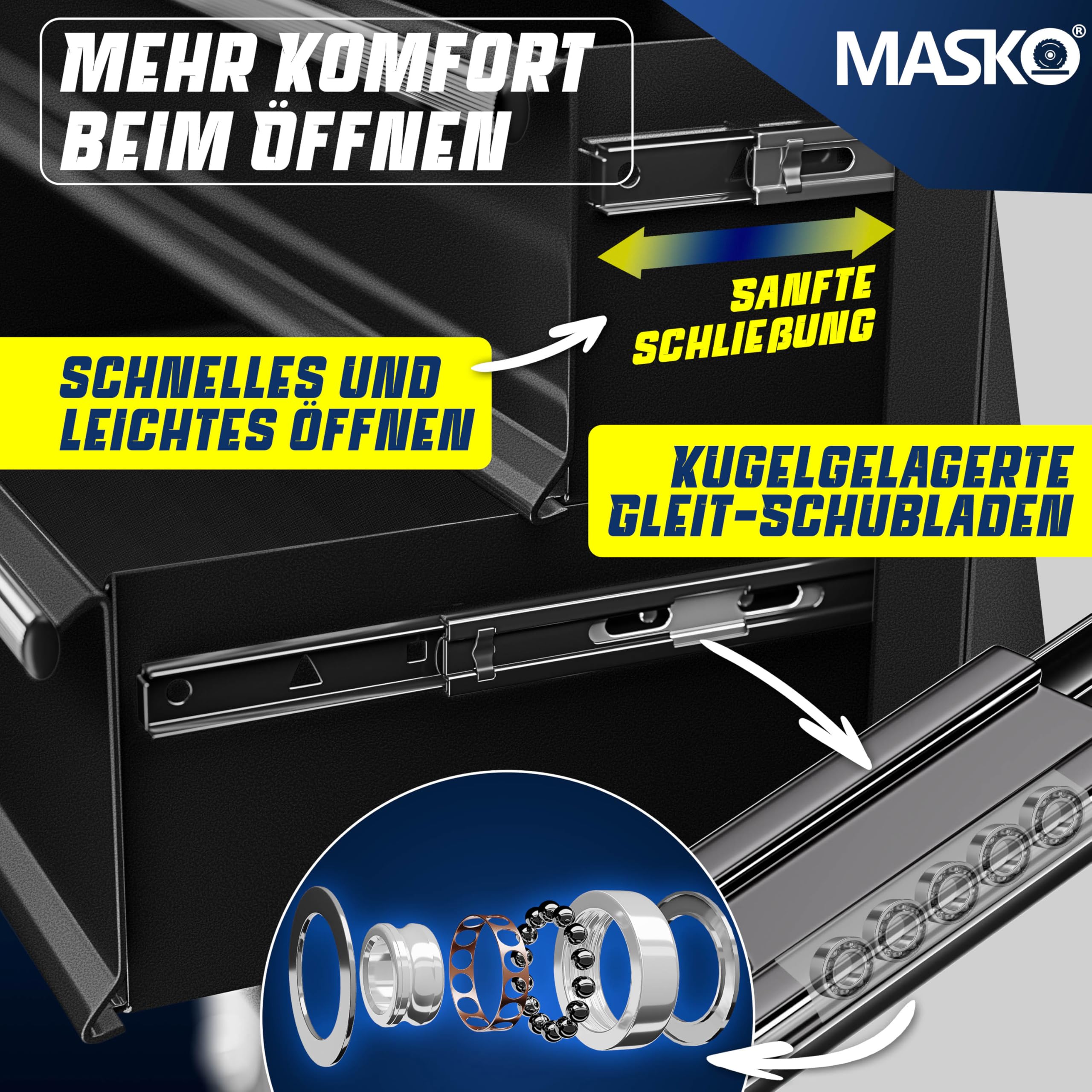 MASKO® Wózek warsztatowy z walizką, 9 przegródek, zamykany, masywny metal, mobilny, profesjonalny z zamkiem, czarny