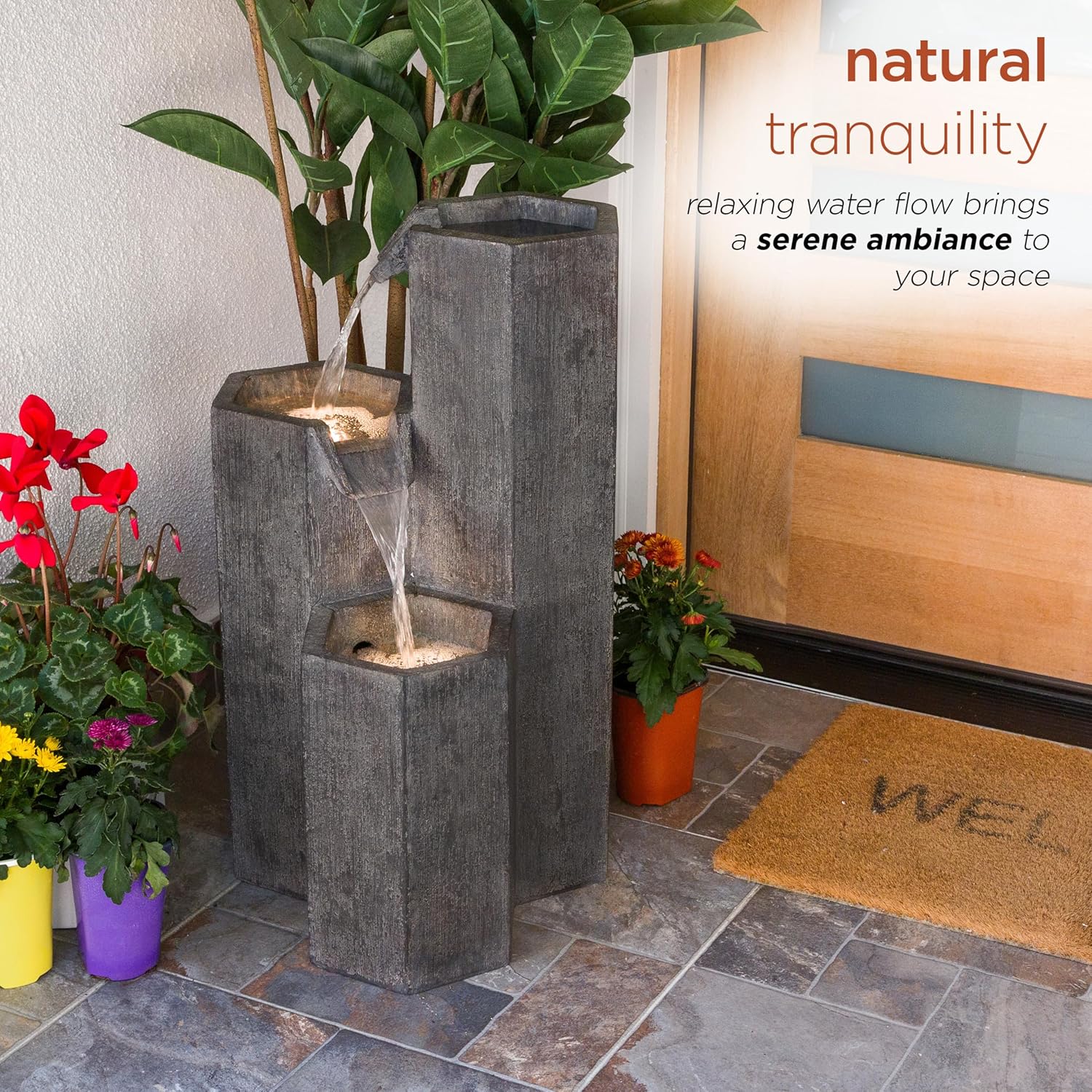 Alpine Corporation 25" Tall Indoor/Outdoor 3-Tier Hexagonal Columns Fountain with LED Lights