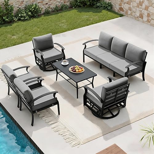 Aluminum Outdoor Patio Furniture Set,7 Seats Patio Conversation Sets with Rectangular Coffee Table,Metal Patio Sectional Furniture Set with 2 Swivel Rocking Chairs,Grey