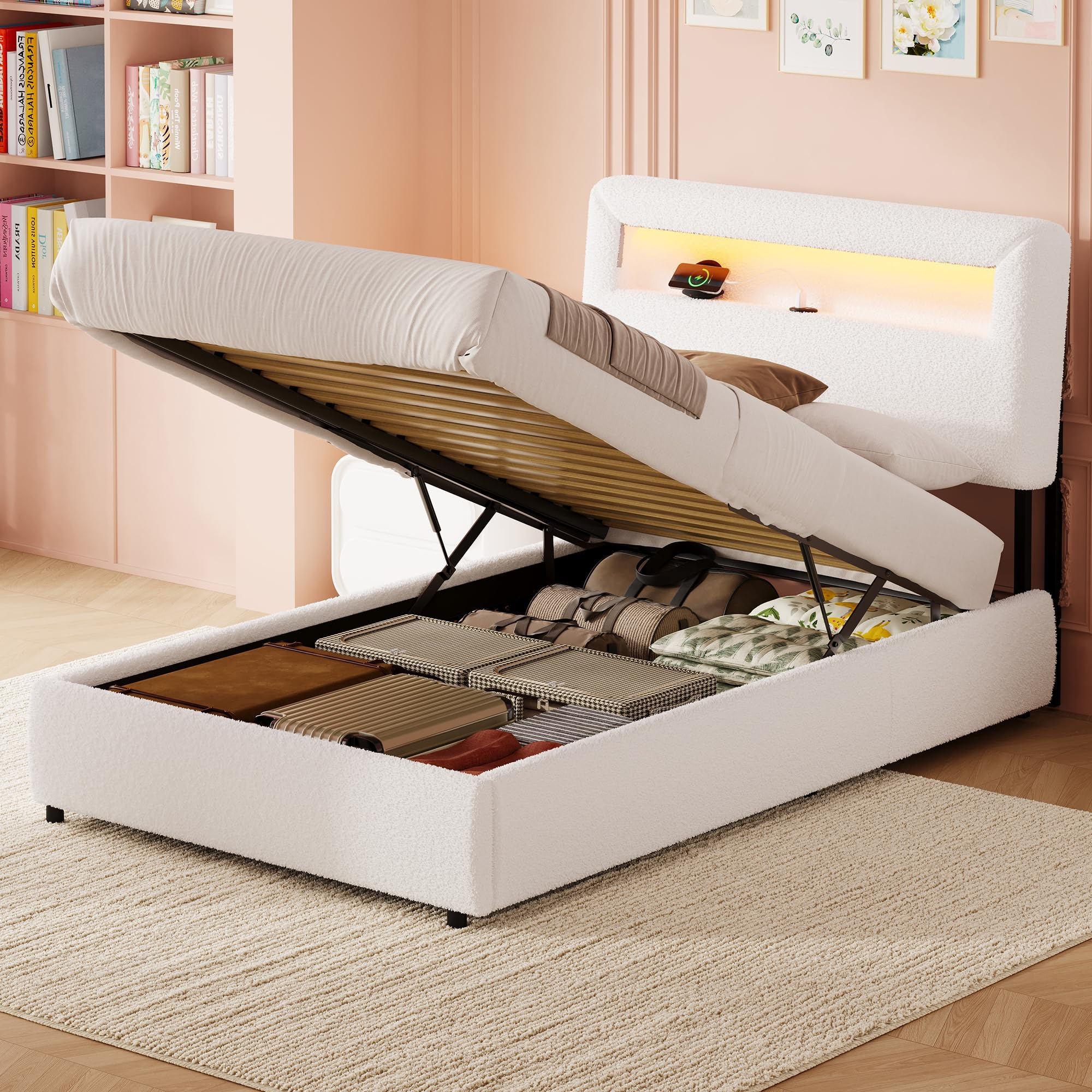 Besbed Single Bed Frame, 3ft Upholstered Hydraulic Bouclé Lift Ottoman Bed with LED Lighting, Headboard with Open Shelving, White, 90x190 cm (No Mattress)