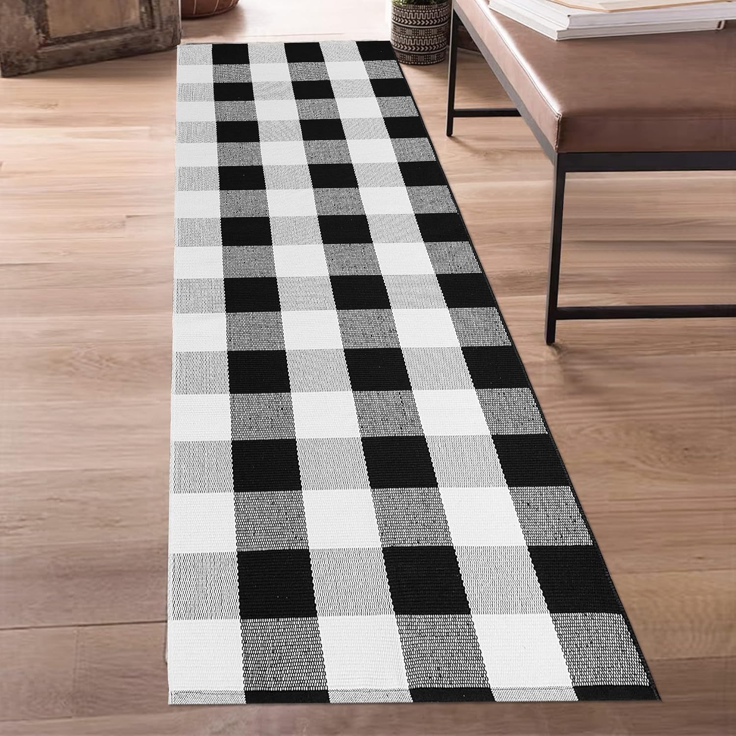 Aoczes Buffalo Plaid Runner Rug 2x6 Feet Black and White Checkered Runner Rug Cotton