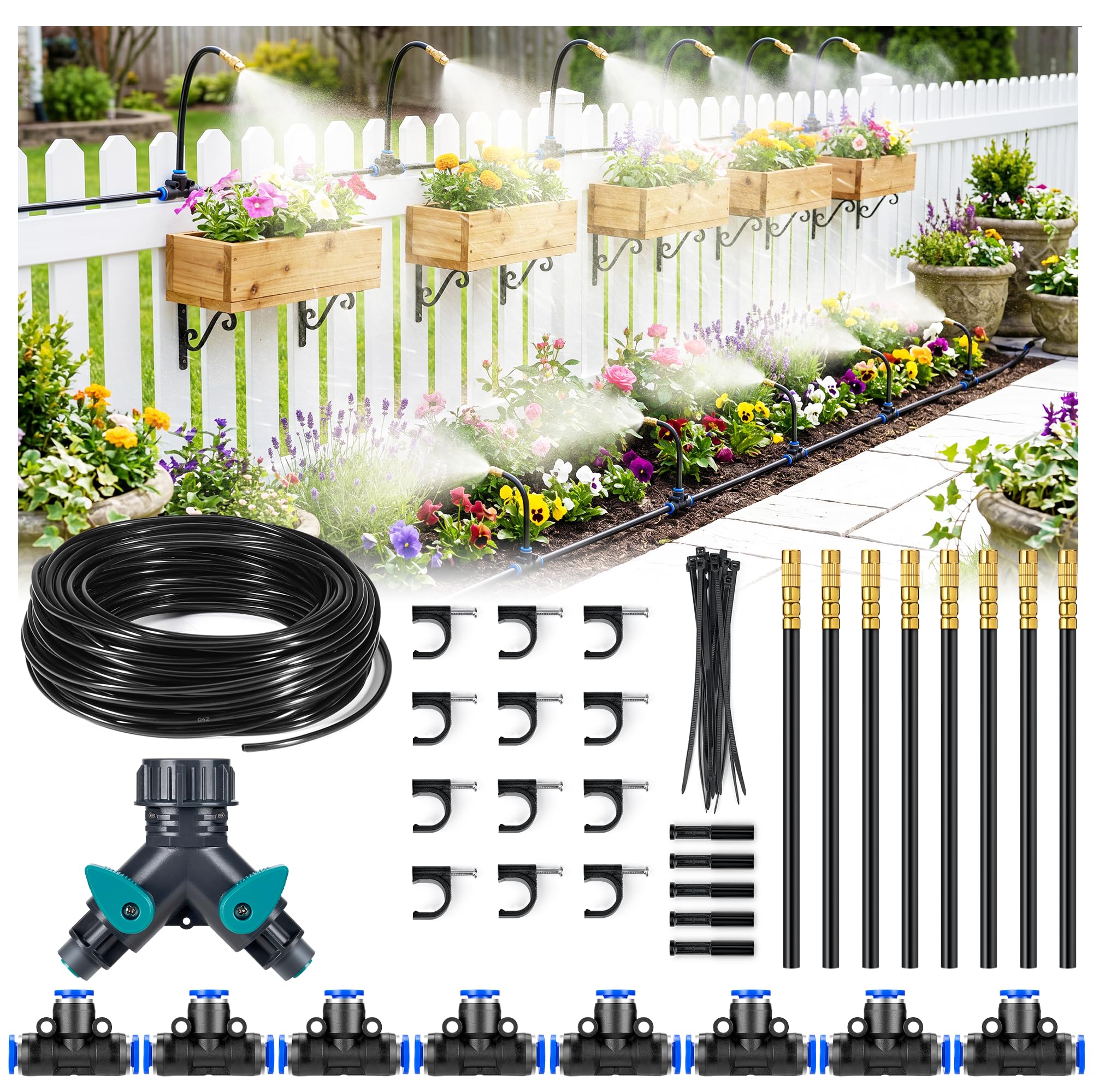 HIRALIY Tuyau d'arrosage de, buses en laiton réglables à 360°, système d'irrigation goutte à goutte 1/4", système d'irrigation de jardin pour jardin, balcon, plate-bande surélevée, serre et (10M)