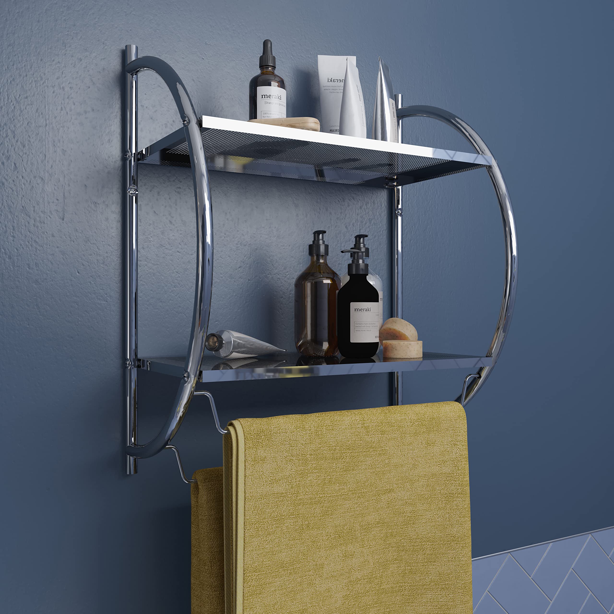 Croydex QM262041 - Estantería Curvada de Pared de Acero Cromado y toallero, 25,5 x 45 x 54,3 cm