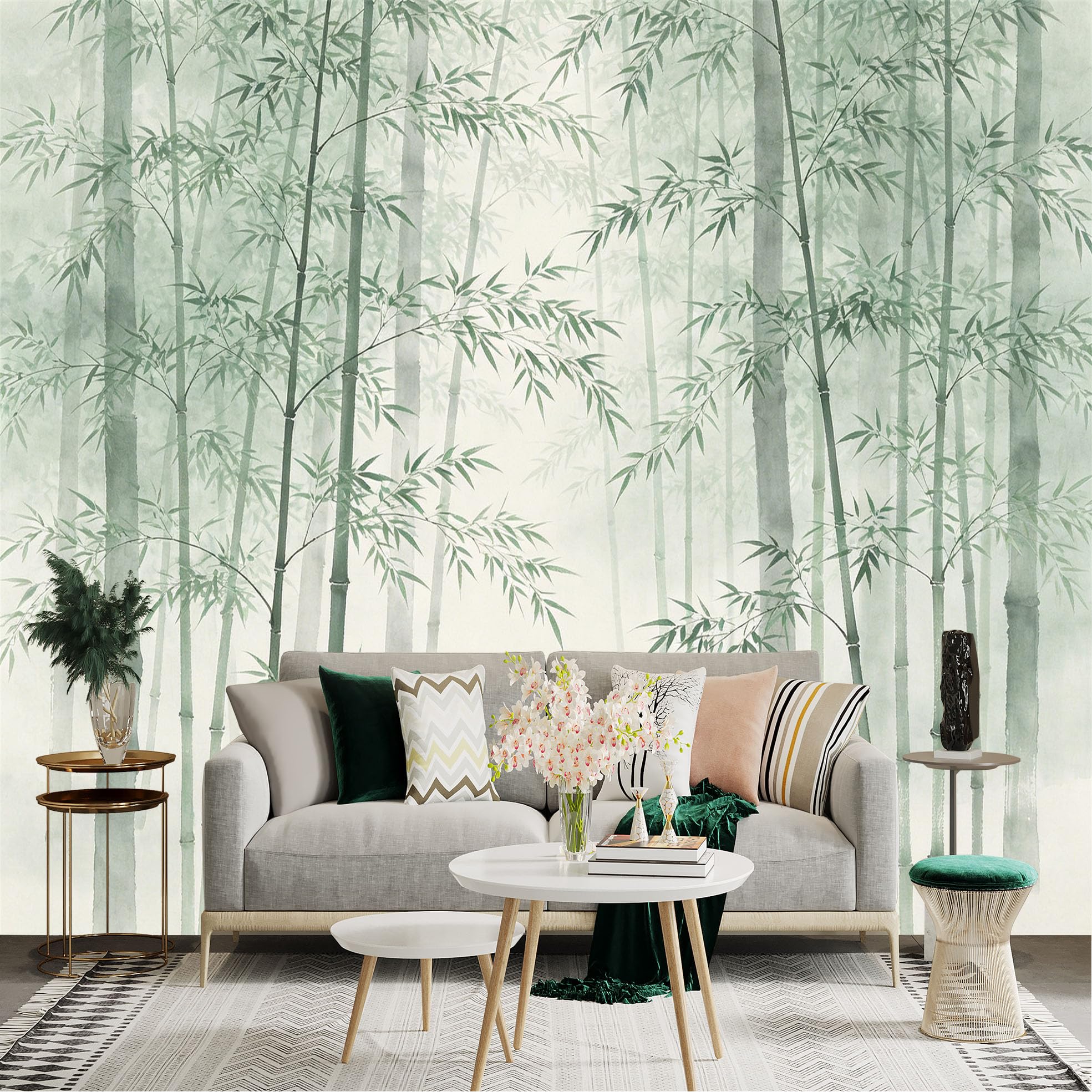 Lnzczhyre Dbh260521918 Custom Size Wall Sticker Mural， Watercolor Bamboo Forest， Serene Green Forest Landscape， Zen Style Nature View， For Wall Decoration， Peelandstick Wall Decals.