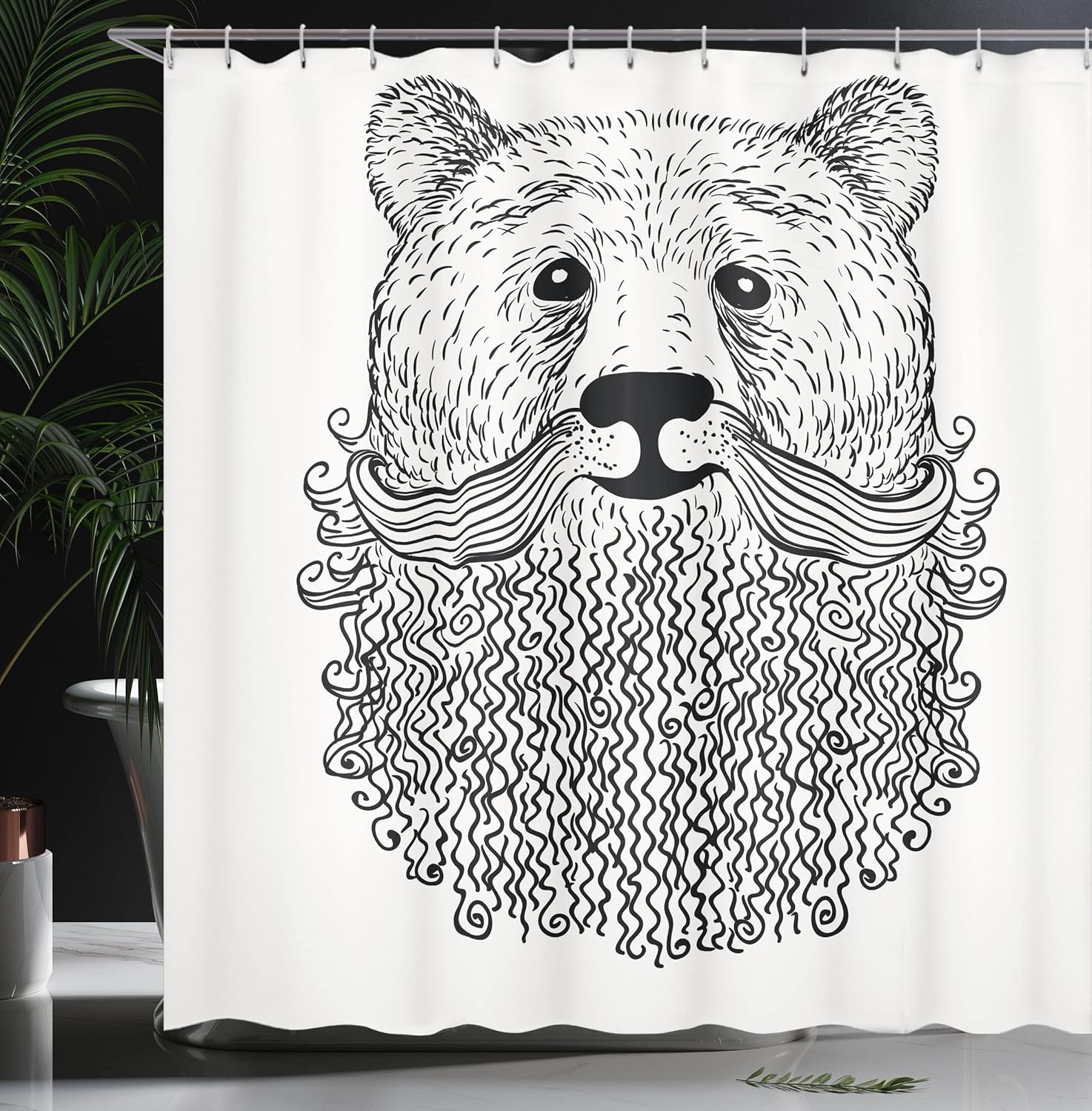 Ambesonne Indie Shower Curtain, Doodle Style Sketch Bear Portrait with Curly Beard and Mustache Cool Animal, Cloth Fabric Bathroom Decor Set with Hooks, 69" W x 75" L, Charcoal White