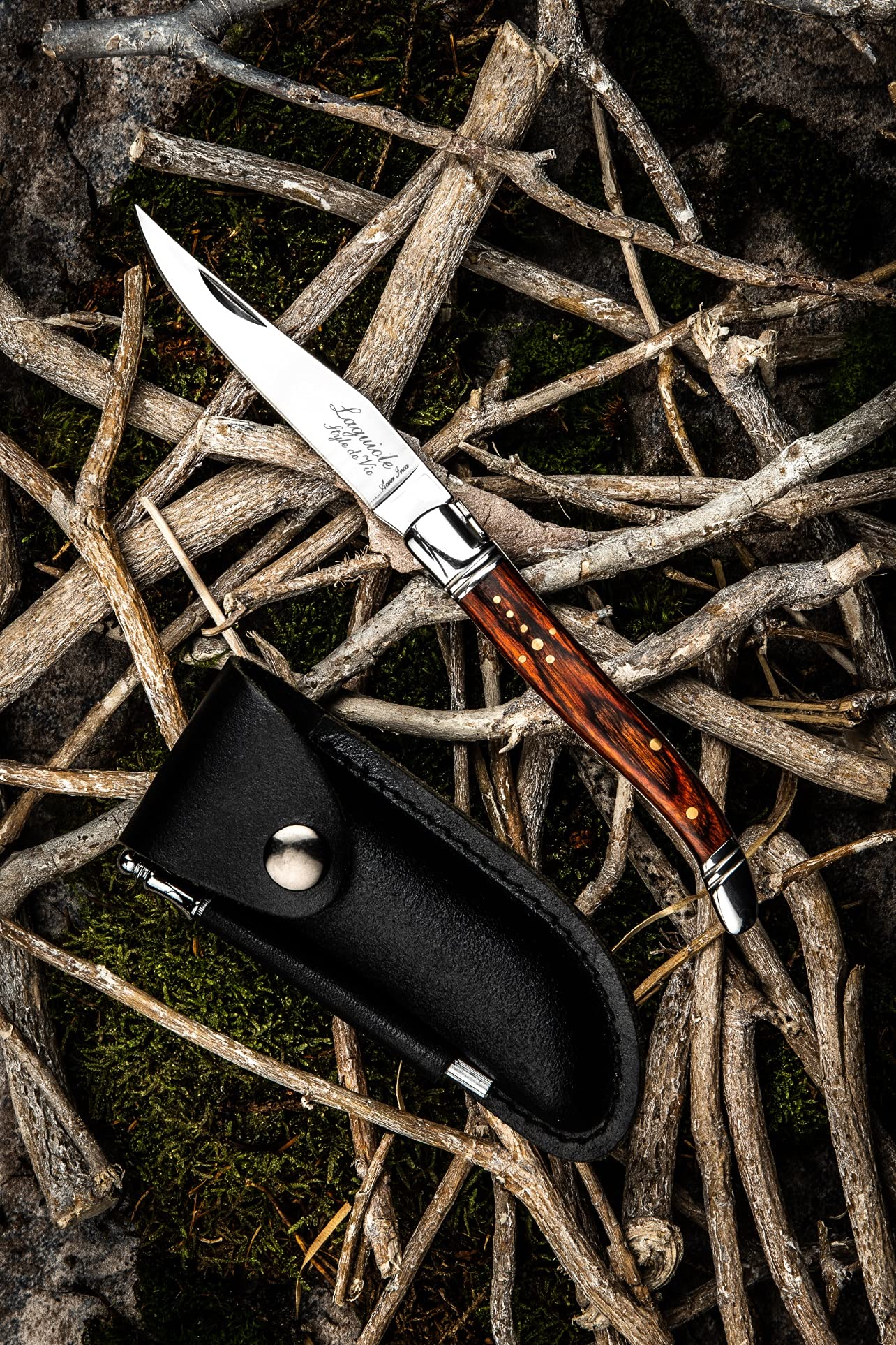 Laguiole Style de Vie Couteau de poche avec fusil & étui en cuir, bois de rose, avec boîte cadeau