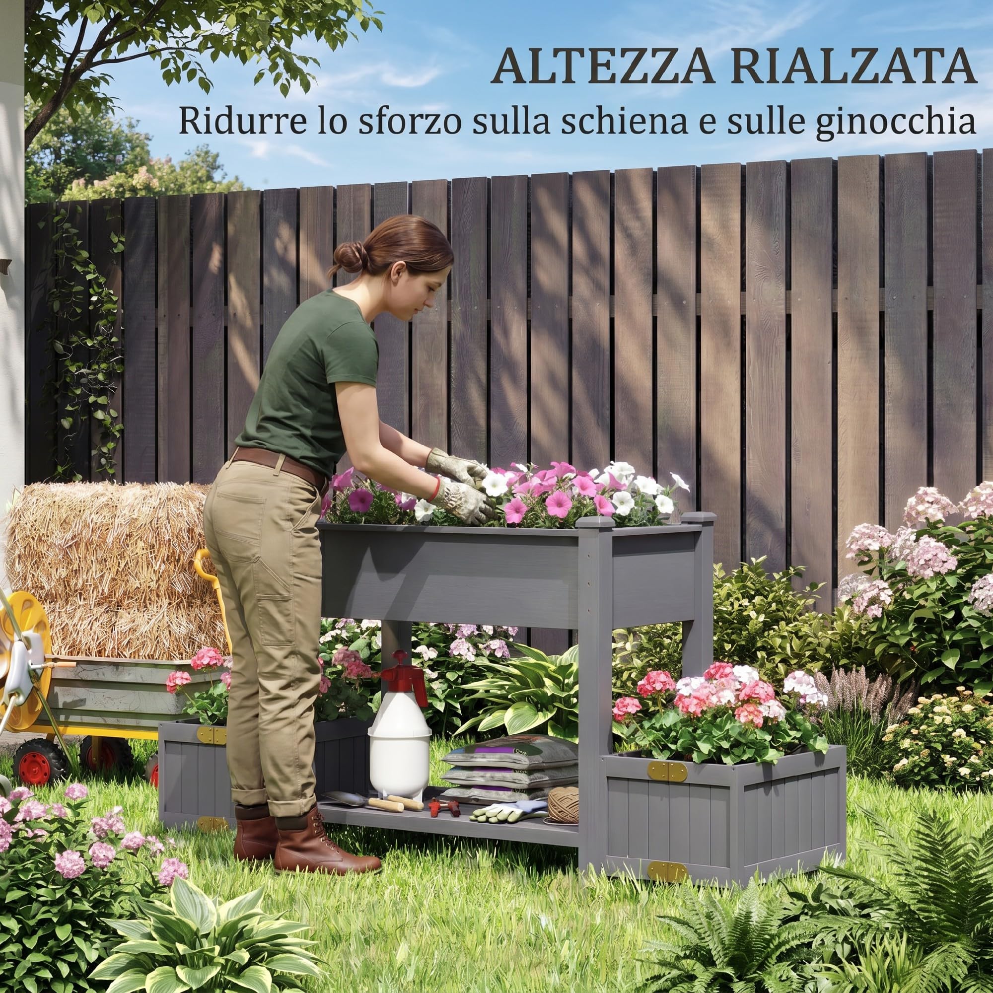 Outsunny Letto per Orto Rialzato in Abete con Ripiano e 2 Vasi Laterali Pieghevoli, Fioriera Rialzata da Esterno con Fori di Drenaggio per Verdure Fiori, 149x46x76cm, Grigio