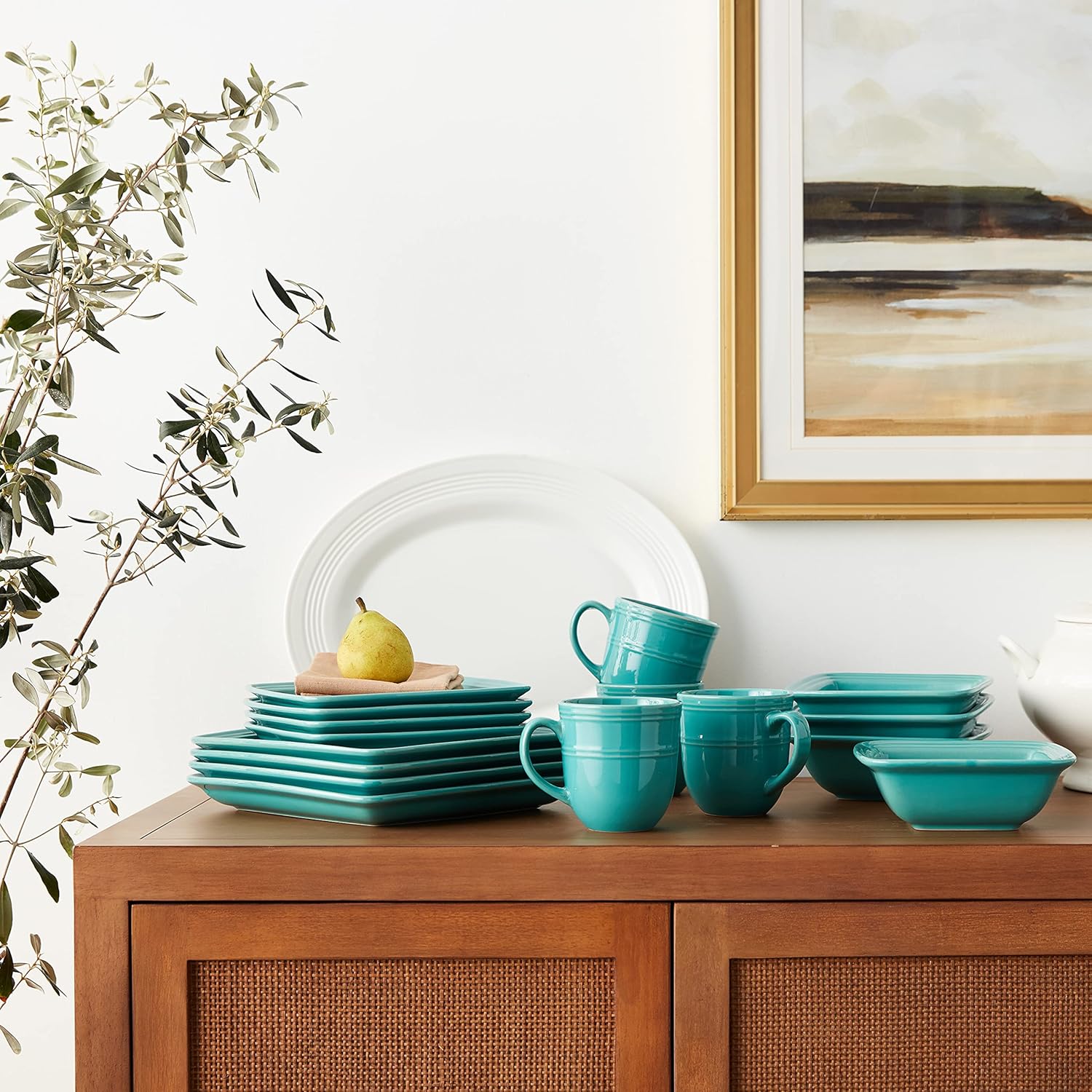 American Atelier Square Dinnerware Sets | Turquoise Green Kitchen Plates, Bowls, and Mugs | 16 Piece Stoneware Madelyn Collection | Dishwasher & Microwave Safe | Service for 4