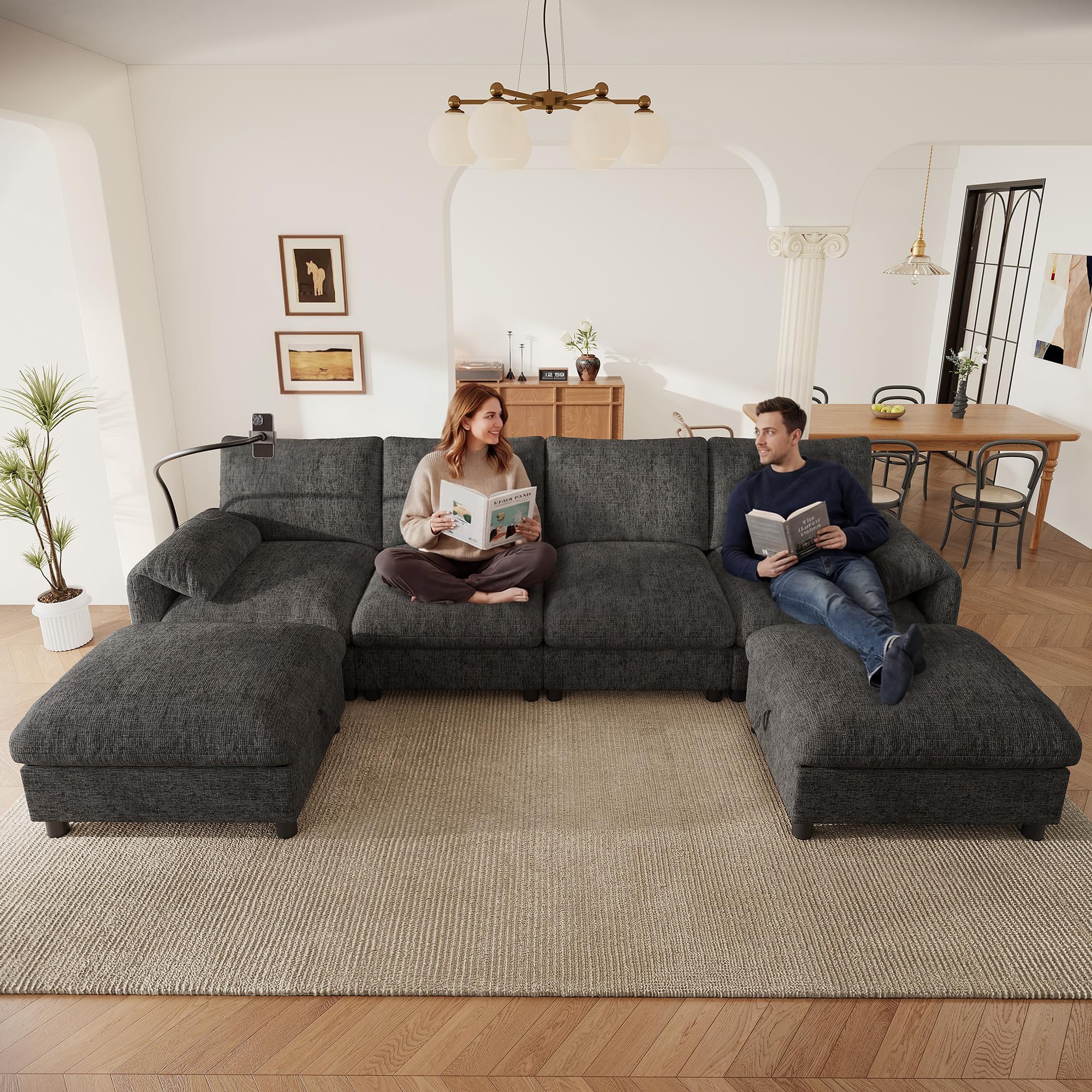 Sofá modular en forma de U con espacio de almacenamiento, felpilla, color gris (gris-A, 6 plazas)