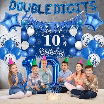10th Birthday Decorations Boys Banner - 31 Pcs Blue Balloons Double Digits Numble 10th Star Foil Balloon Banner Background Cloth Cake Topper Confetti Balloon Supplies For Boy Girl 10th Birthday Party