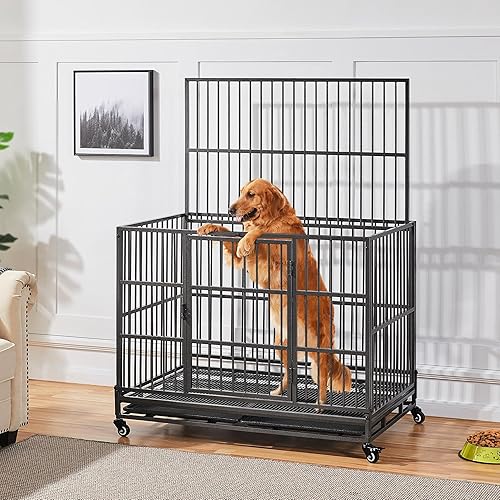 Miniatura 4 de Yaheetech Jaula de perro plegable resistente de 42 pulgadas para perros medianosmedianos con puertas doblesbandejas extraíbles