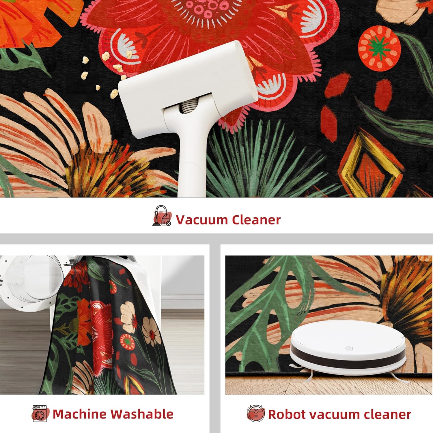 Black Boho Floral Bedoom Rugs Washable 5x7 Area Rug for Living Room Non Slip Soft Mid Century Modern Accent Rugs Farmhouse Abstract Botanical Floor Carpet for Dining Room Kids Playroom