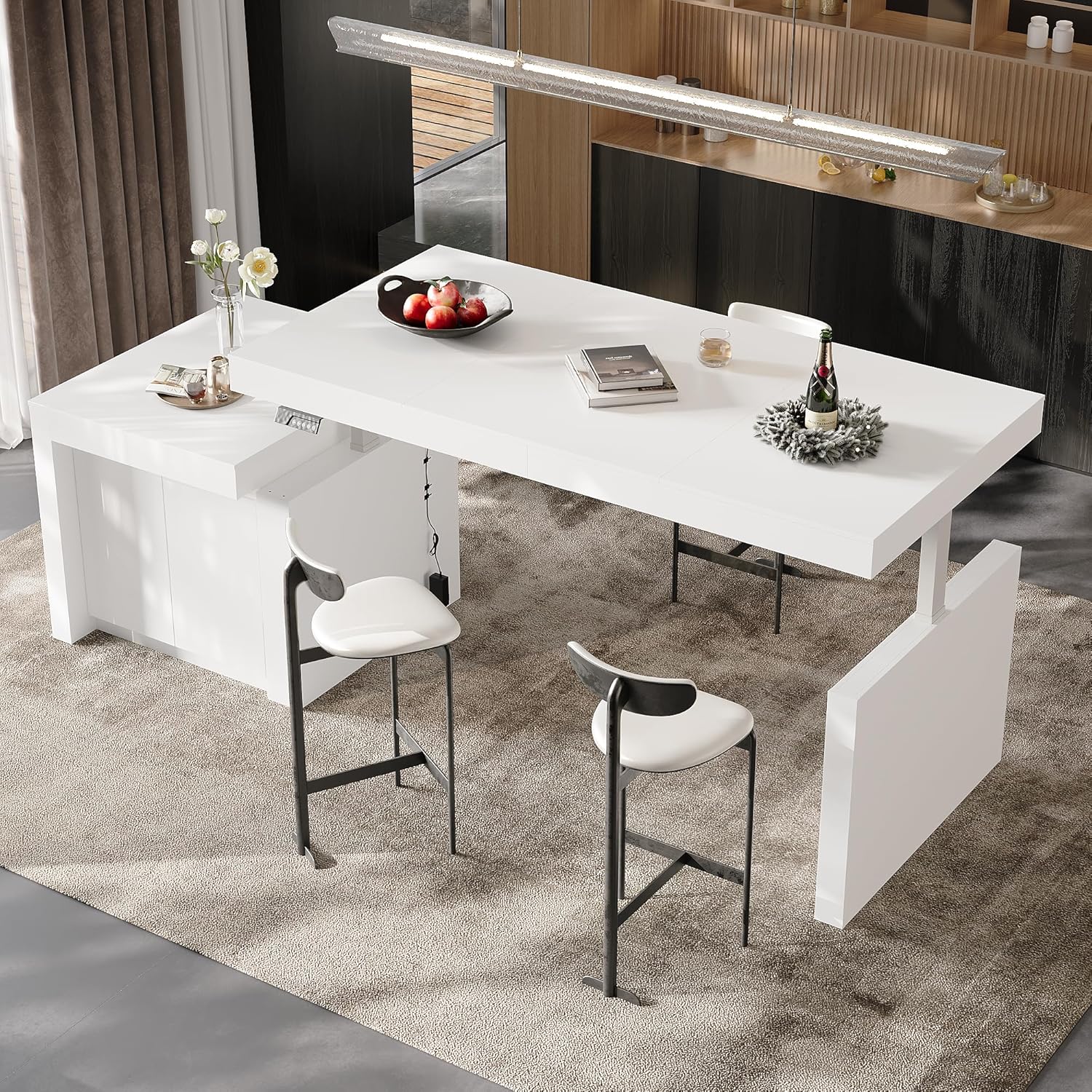 Height Adjustable Stationary Kitchen Island with Storage and Seating Area, 110.2" Long Modern Standing Island Bar Table with Shelves, White