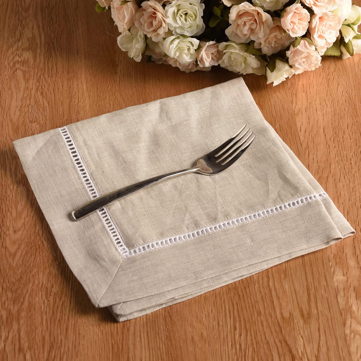 Simple&Opulence Textured Rectangle Tablecloth 100% Linen Table Cloth, Kitchen Dinning Tabletop Decoration,for Outdoor and Indoor Use(Basic Linen,60"×104") and Hemstitch Napkins,18"*18",Pack of 4