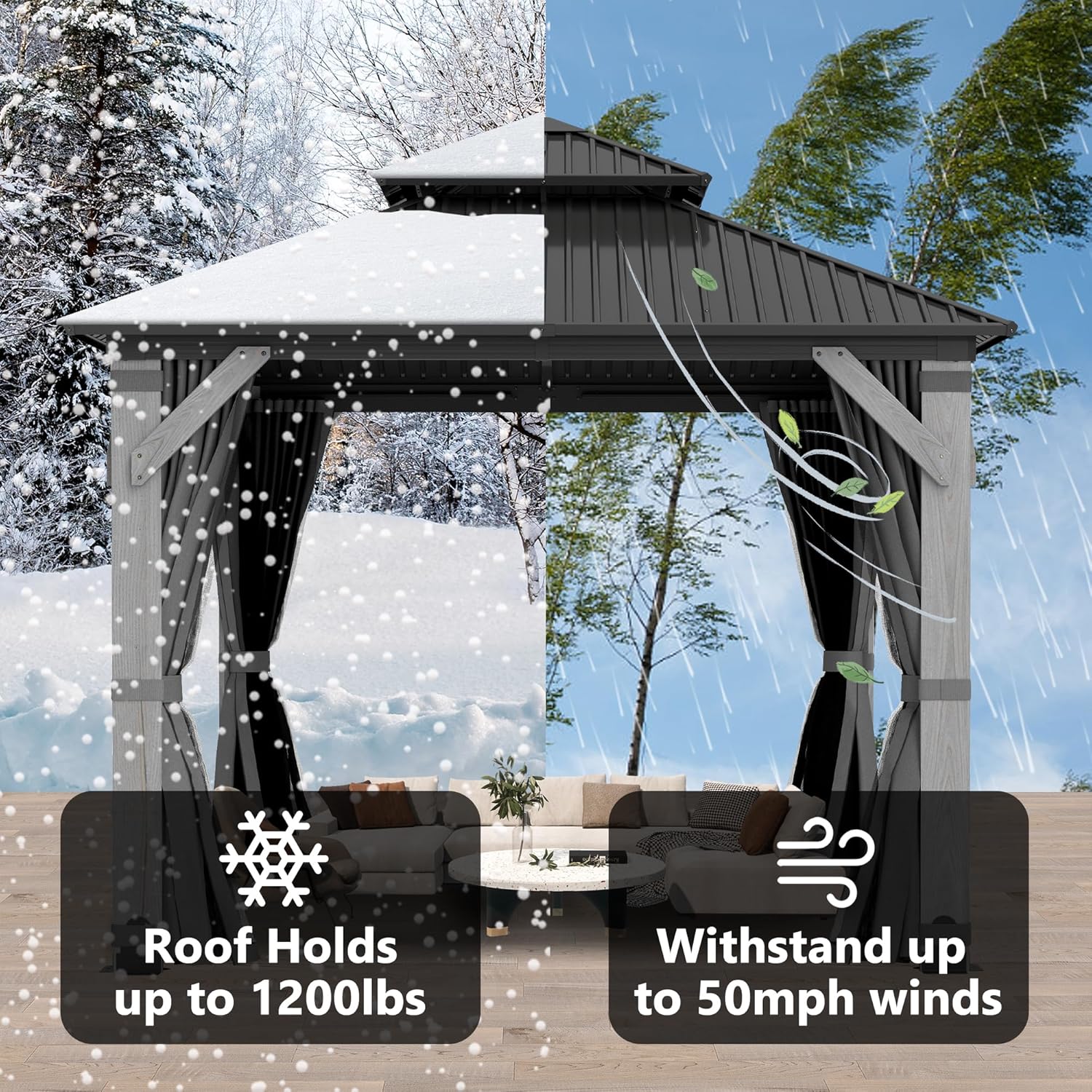 8.5'x8.5' Hardtop Wood Gazebo, Outdoor Double Roof Galvanized Steel Top Gazebo with Wooden Post, Curtains & Netting for Backyard, Patio, Deck (8.5x8.5 FT)