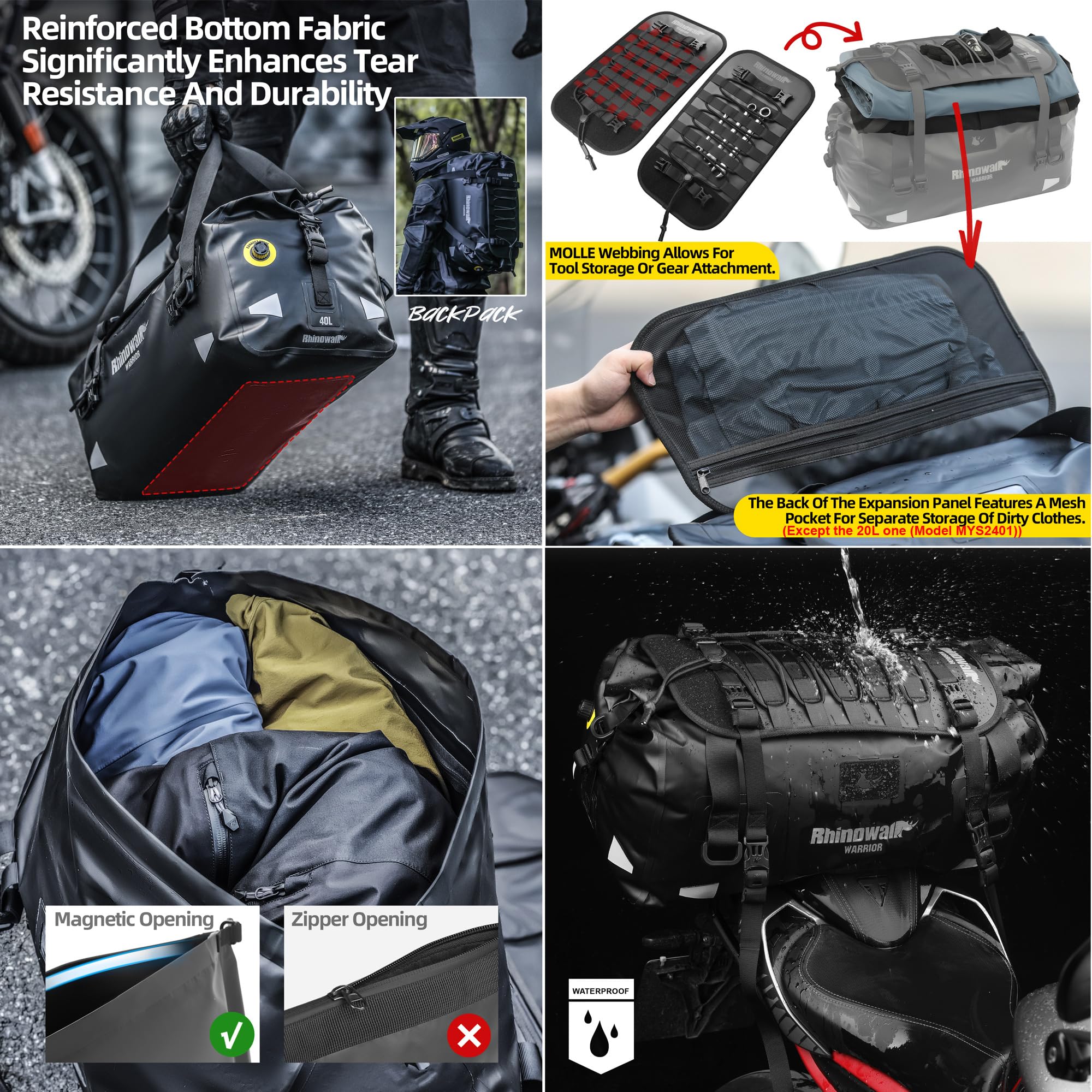 Rhinowalk Alforja trasera de motocicleta de 20 l, 100% impermeable, con cierre magnético enrollable