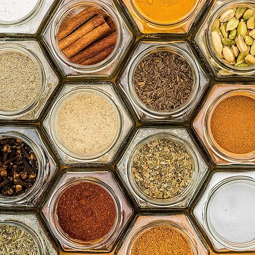 Miniatura 3 de Cornucopia - Mini tarros hexagonales de vidrio (1.5 onzas, paquete de 48 unidades), pequeños tarros hexagonales con tapas doradas para especias,