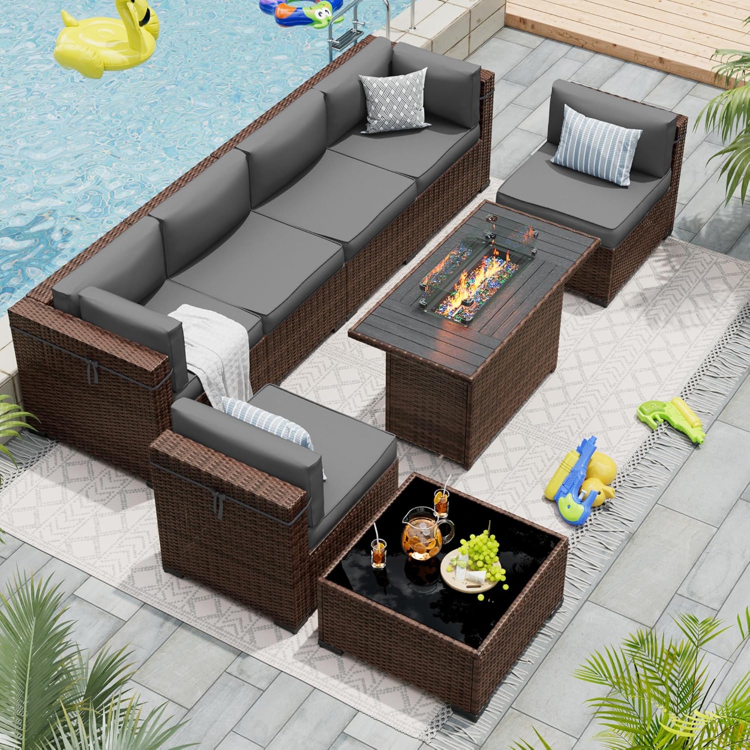 Patio Furniture Set with 44'' Propane Gas Firepit Table, 8 PCS Outdoor Sectional Conversation Sets with High Back, Grey (Waterproof Cover Included)