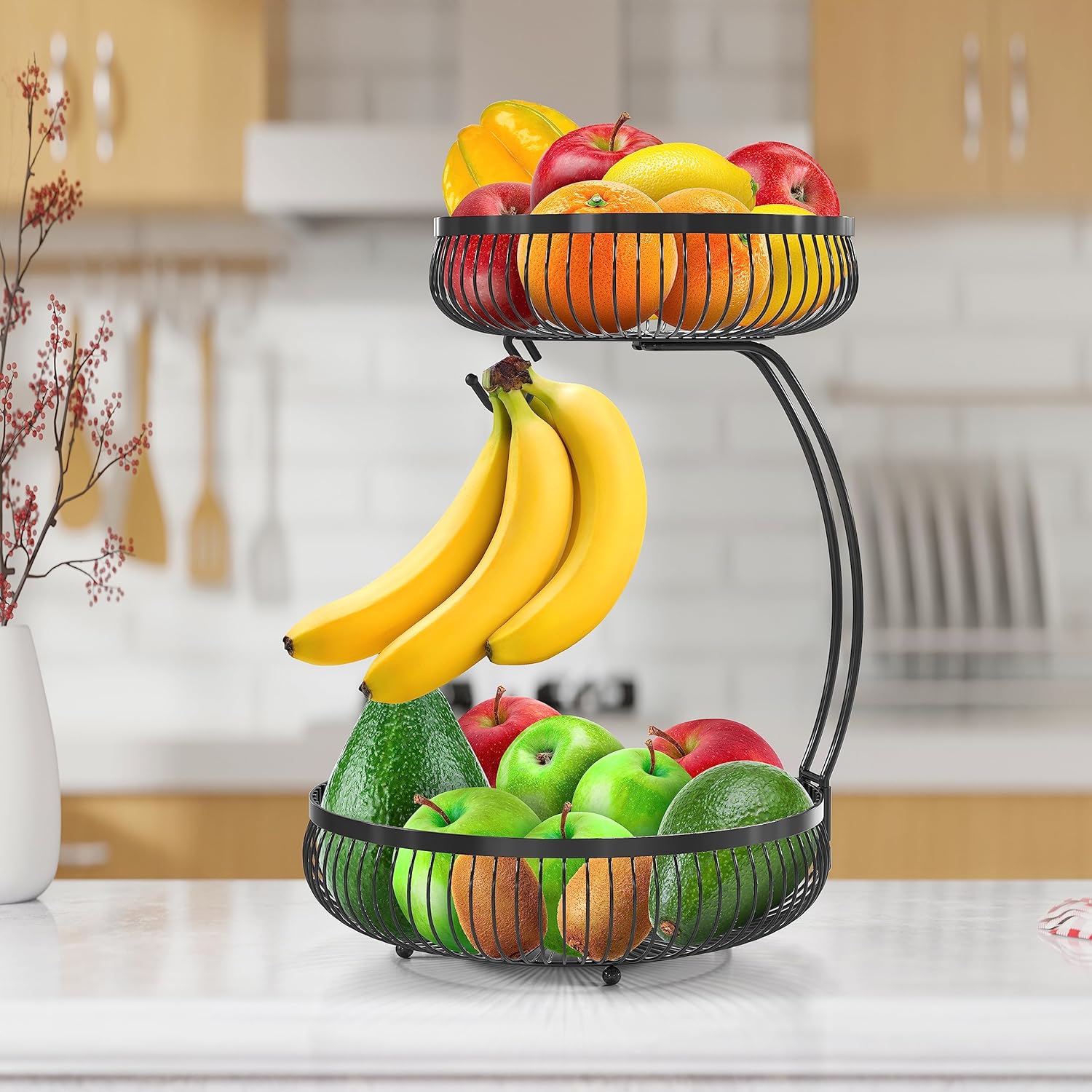 Simple Houseware 2-Tier Countertop Fruit Basket with Banana Hanger, Black - Image 5