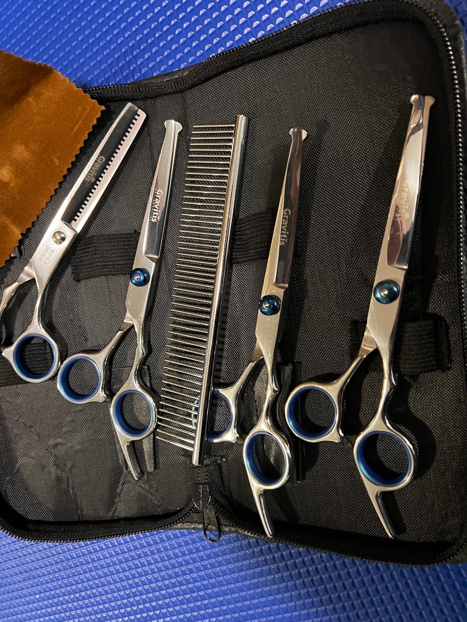 Pet Supplies Professionelle Fellschere für Hunde, 5-teiliges Set mit Etui, 2 x gebogene Scheren, Effilierschere (Mischschere), gerade Schere und Kamm (blau)