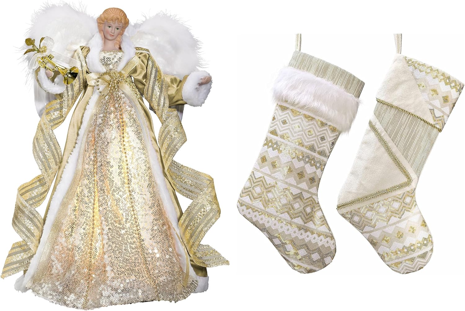 Valery Madelyn Lighted Christmas Angel Tree Topper with Timer&Christmas Stockings Decorations, 21 Inch Fabric 2 Pack White Gold Corrugation Exquisite（2 Items Buddle