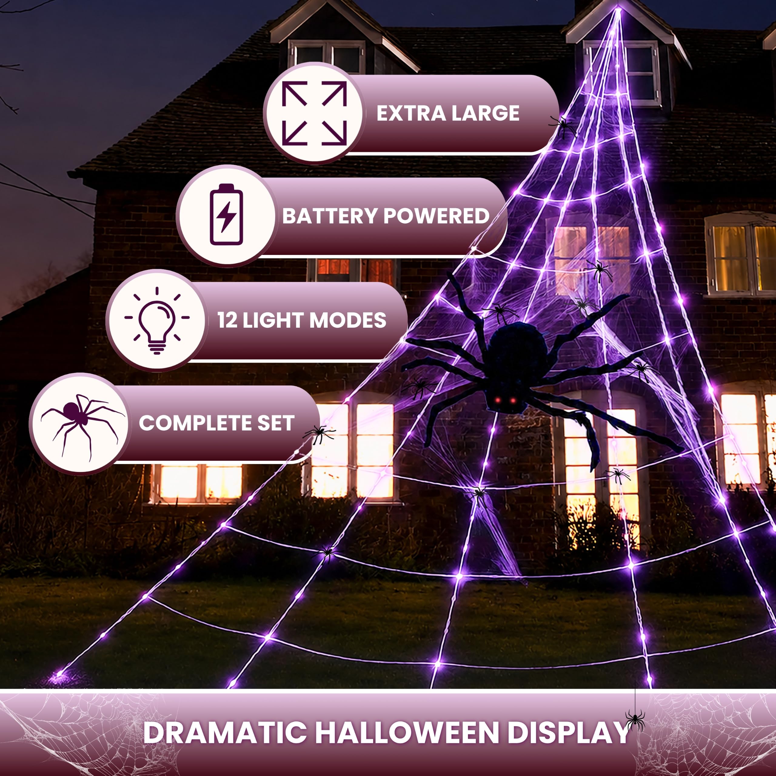 Marco Paul - Telaraña gigante para decoración de Halloween, exhibición al aire libre de 19 x 23 pies con araña de 4 pies, 396 LED, luces naranja y morado, 12 modos, control remoto, estacas y