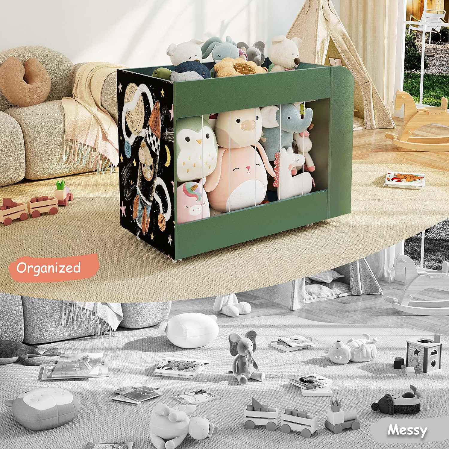 Wooden Kids Bookshelf, Toy Storage Organizer with Drawing Chalkboard and Stuffed Animal Organizer, Kids Toy Box with 4 Wheels for Kids Room, Playroom, Nursery, Classroom, Green