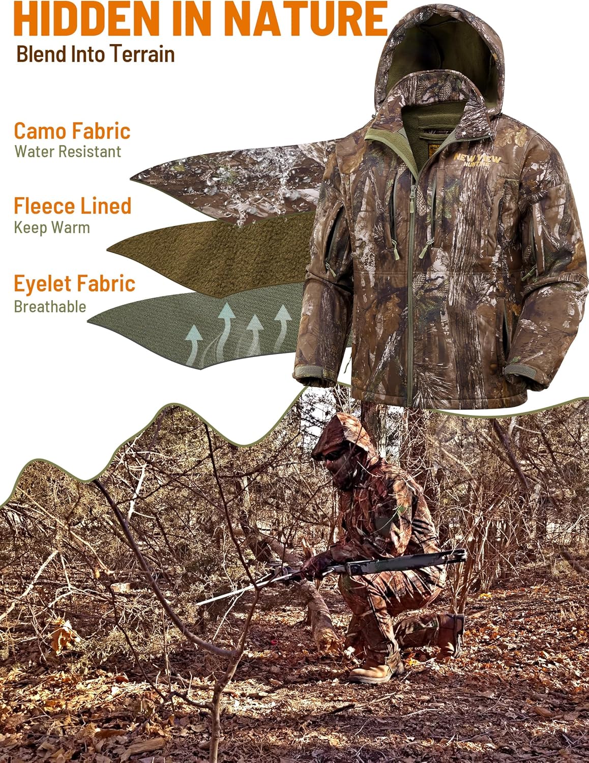 NEW VIEW Camo Hunting Jackets for Men, Warm Fleece Lined Hunting Jacket with Hood, Quiet Water Resistant Hunting Clothes - Image 2