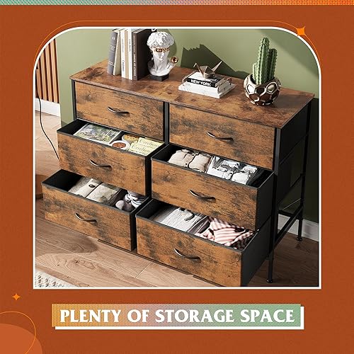 Miniatura 5 de WLIVE Cómoda para dormitorio con 6 cajones, cómoda ancha para TV de 50 pulgadas, con cajones de tela, marco de metal, parte superior de madera,