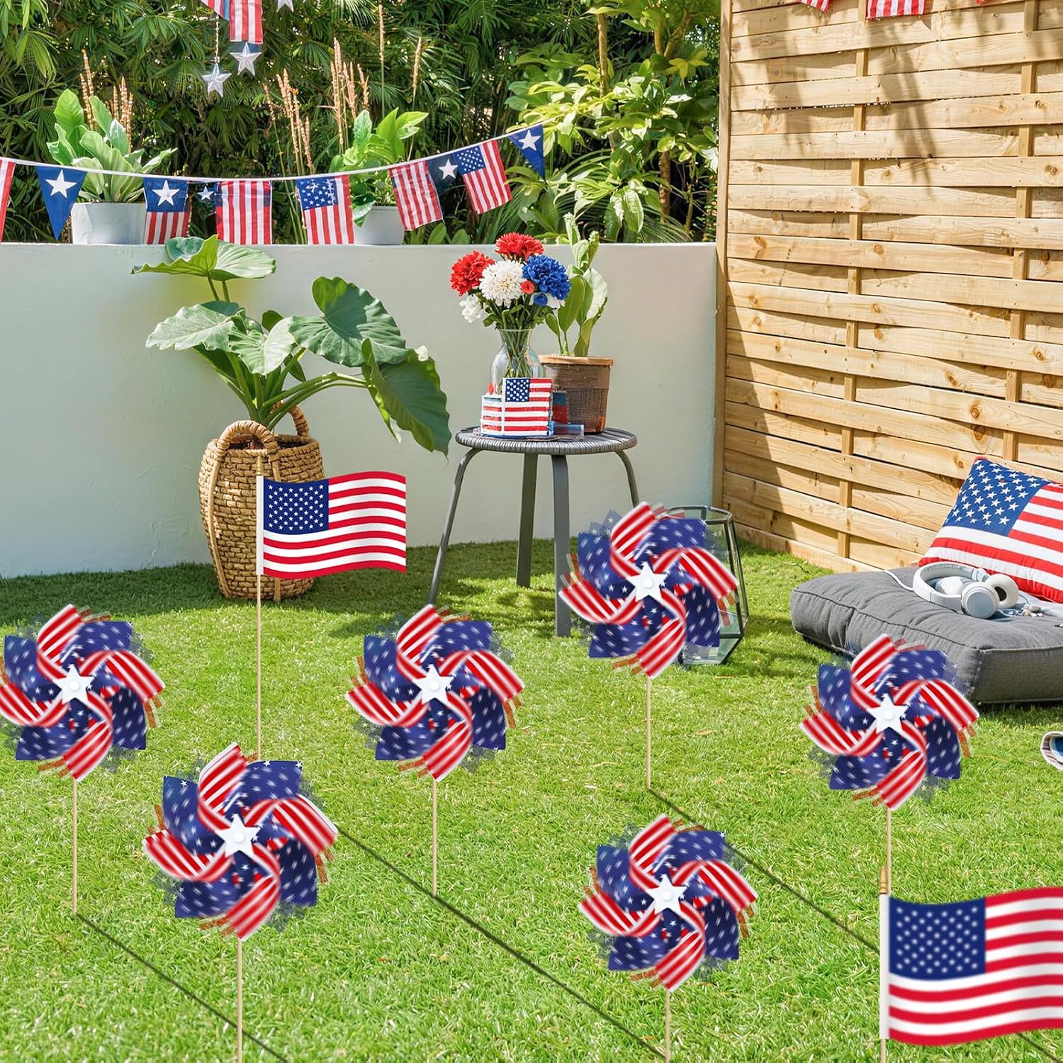 Pack of 32, USA Wind Spinners & Handheld Flags – 12 American Flag Pinwheels and 20 Small Wooden Flag Sticks with Gold Spear Top, Patriotic Decoration for 4th of July, Parades, Outdoor Yard Garden Lawn