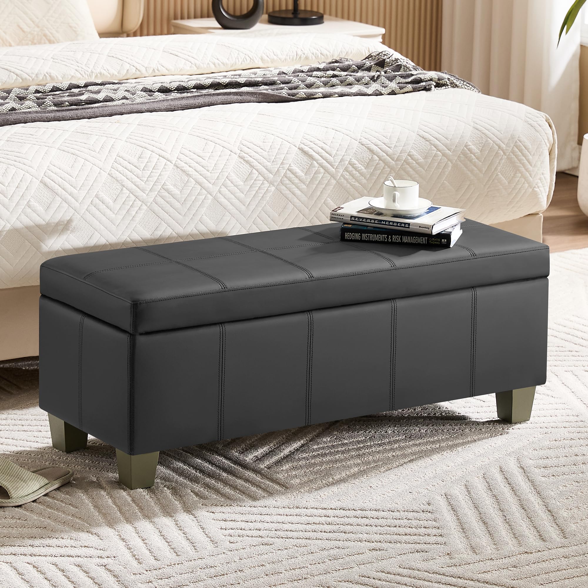 WUTUTUEE 41" Faux Leather Storage Ottoman, Stitch Tufted Rectangle Upholstered End of Bed Storage Bench, Entryway Large Couch Ottoman with Wooden Legs, Dark Grey