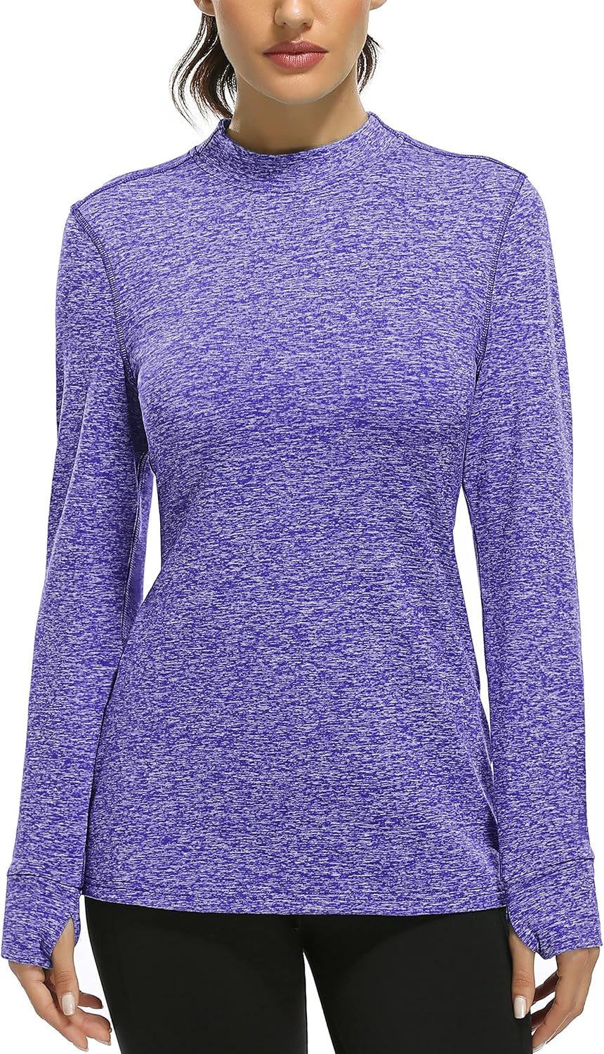 Fulbelle Womens Thermal Fleece Mock Neck Long Sleeve Running Shirts, Thumbholes Cold Weather Base Layer - Image 3