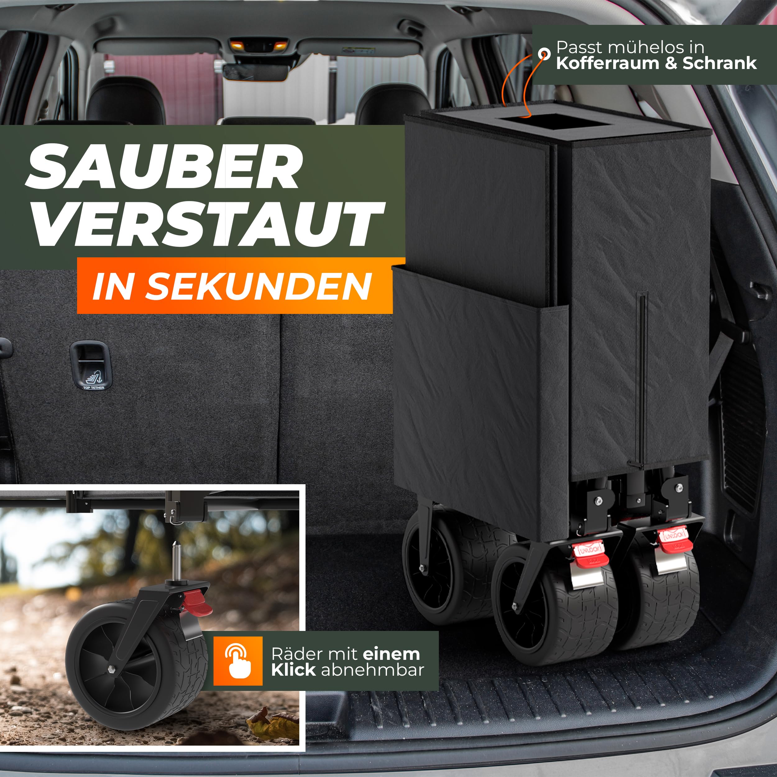 BigDean XXL Bollerwagen faltbar mit Dach 260L belastbar 150kg Dicke Reifen | Robuster Bollerwagen faltbar extra breite Reifen für jedes Gelände