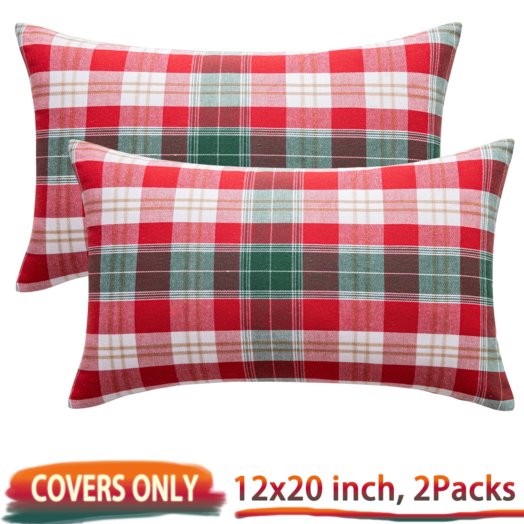 Set di 2 federe decorative per cuscini a quadri natalizi, in tessuto con filo dorato (rosso e bianco, 30,5 x 50,8 cm)