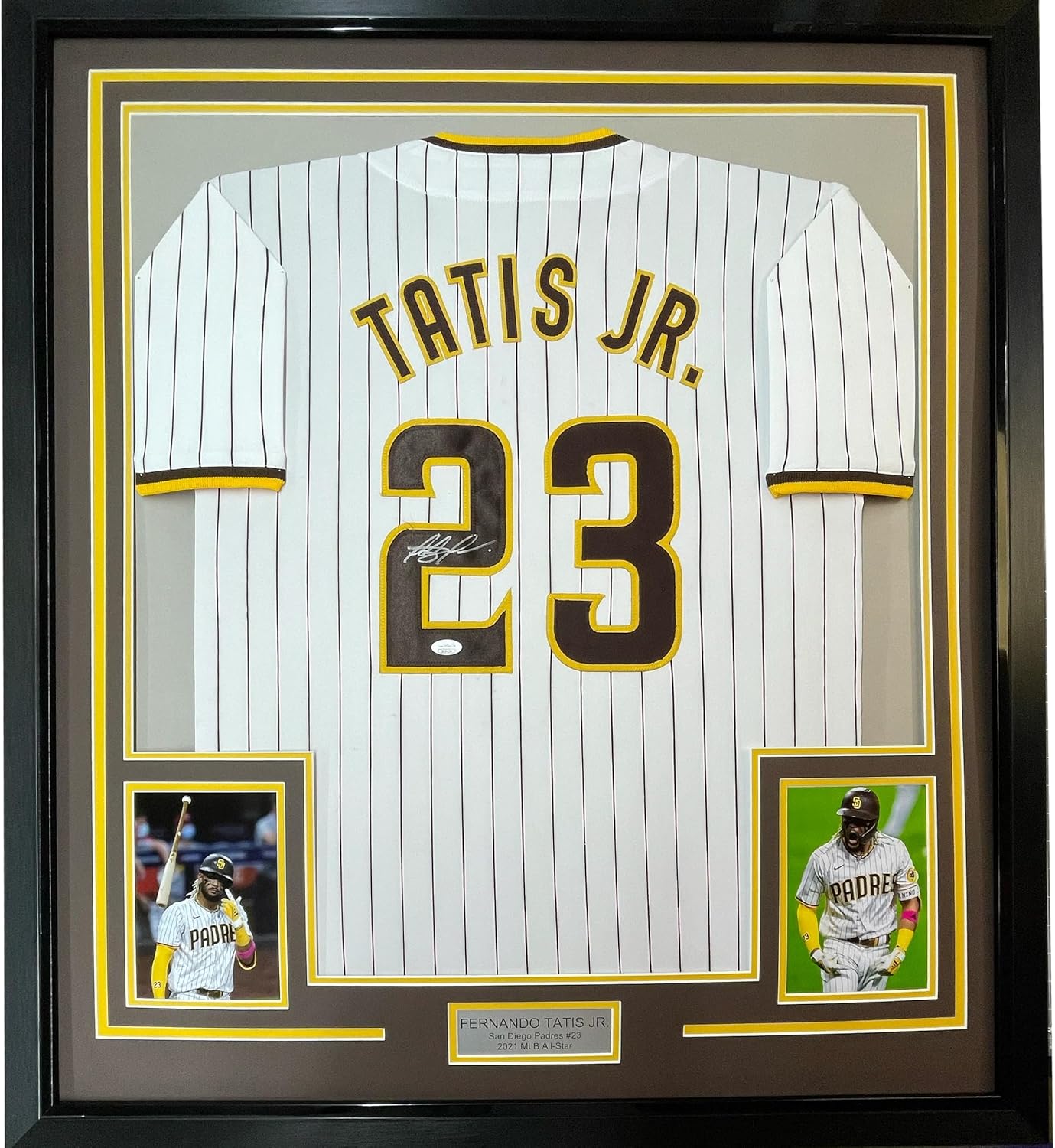 Framed Autographed/Signed Fernando Tatis Jr. 33x42 San Diego Pinstripe Baseball Jersey JSA COA