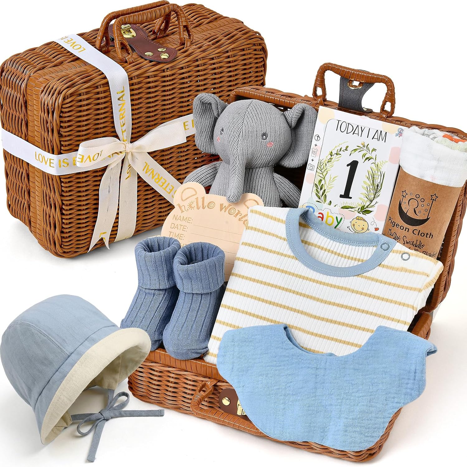 Cleboen 9Pcs Baby Shower Gifts for Boys Newborn Kit, Blanket/Knitted Elephant Doll/Onesie/Bib/Sock/Hat/Wood Milestone/Monthly Cards/Basket, Newborn Essential Baby Boy Gift Basket Gender Reveal Gifts